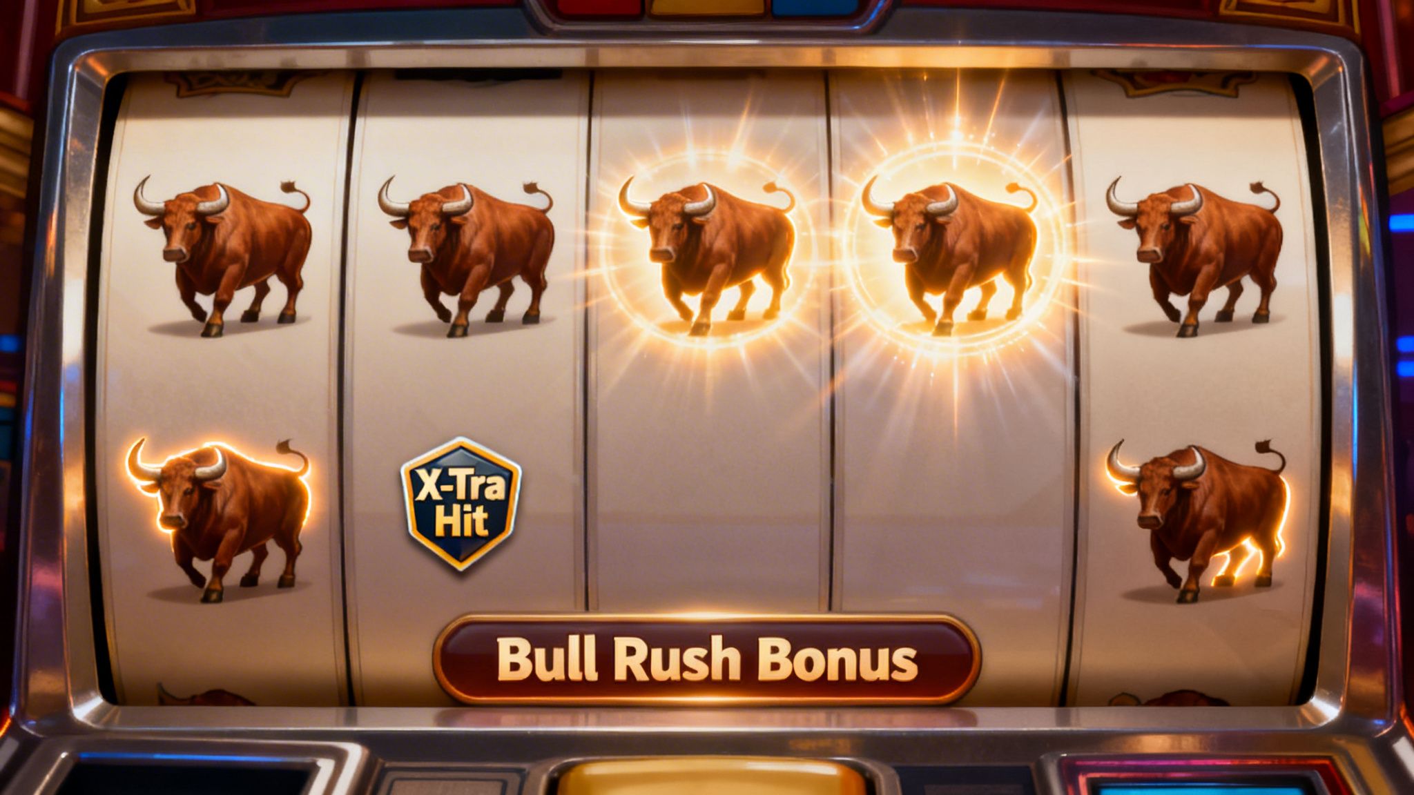 A Bull Rush slot machine displaying glowing bull symbols and 'X-Tra Hit' with 'Bull Rush Bonus' button.