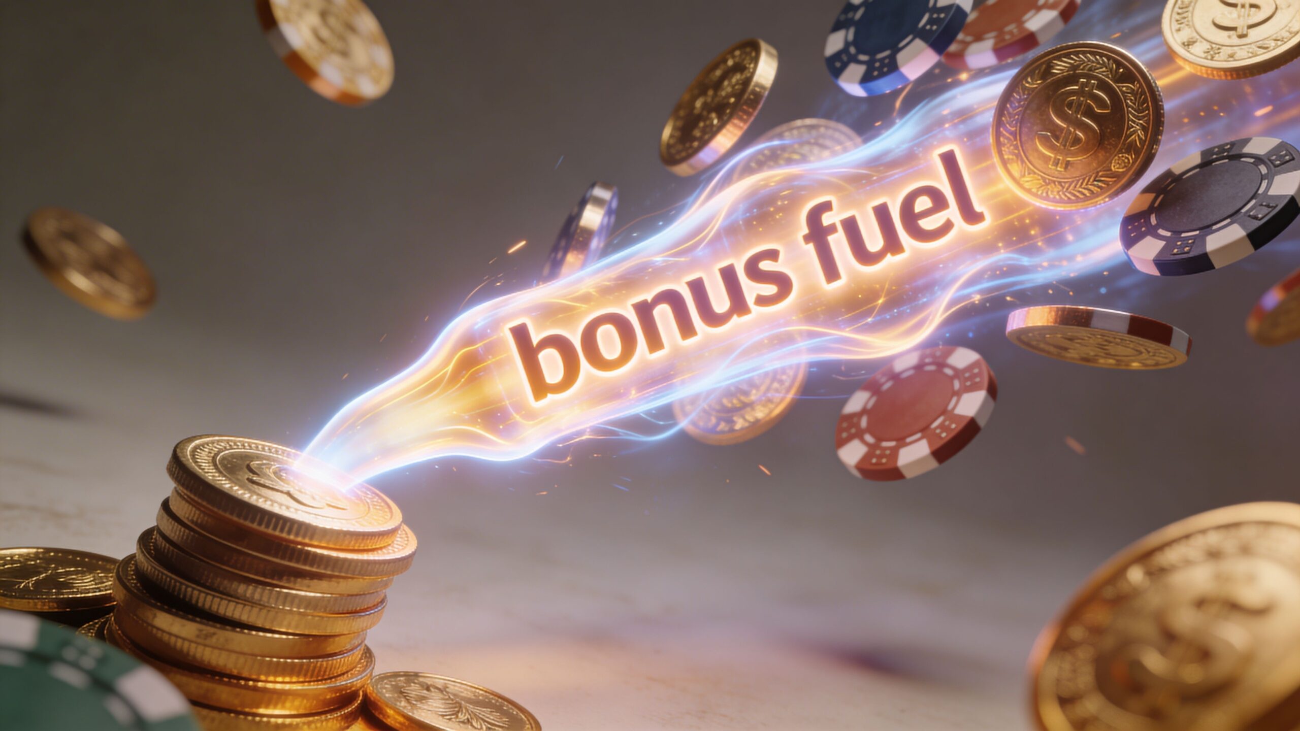 A stack of gold casino coins emitting a glowing light with the words bonus fuel written above.