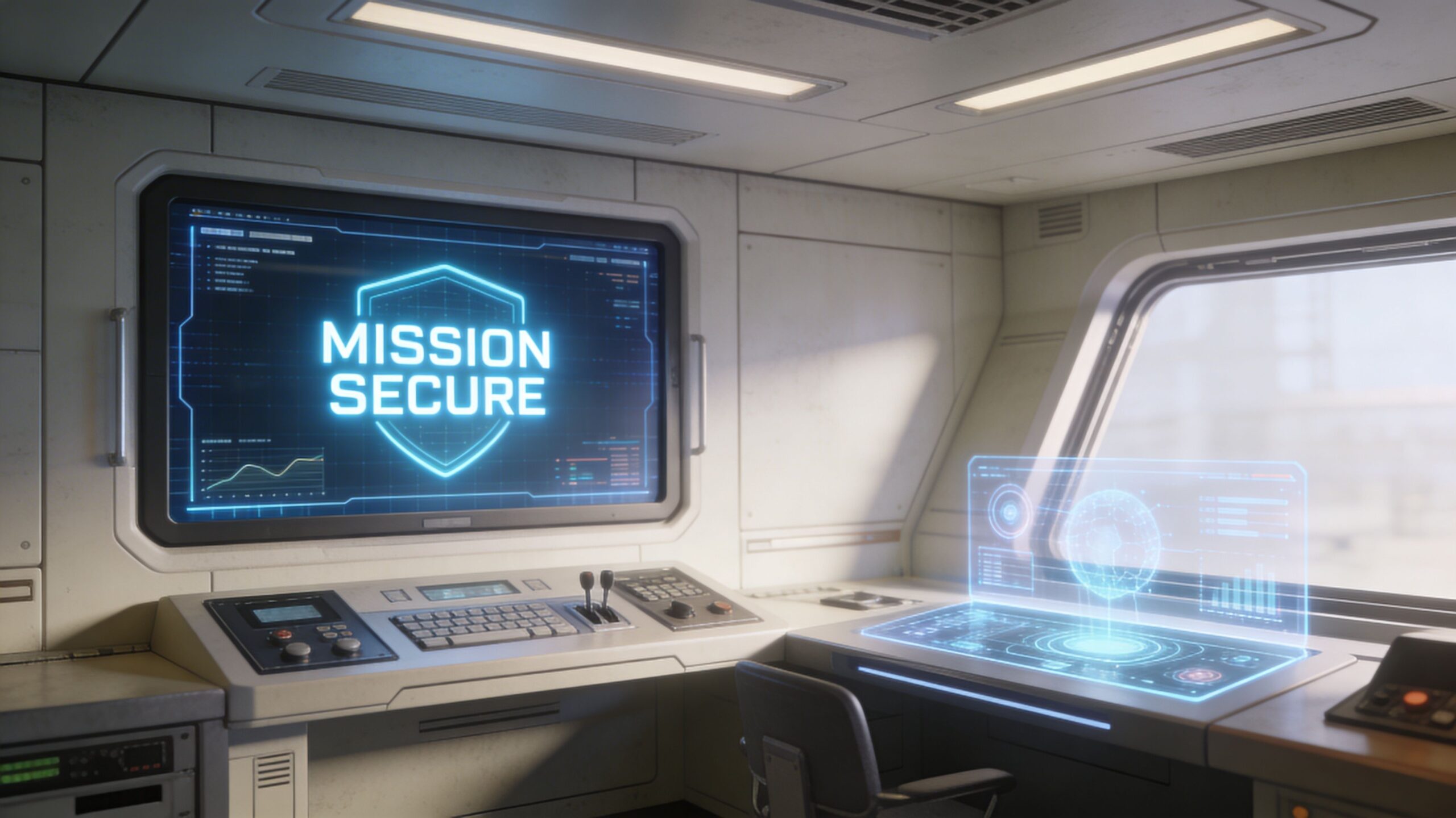 A futuristic command center control room displaying a Mission Secure hologram on a digital monitor.