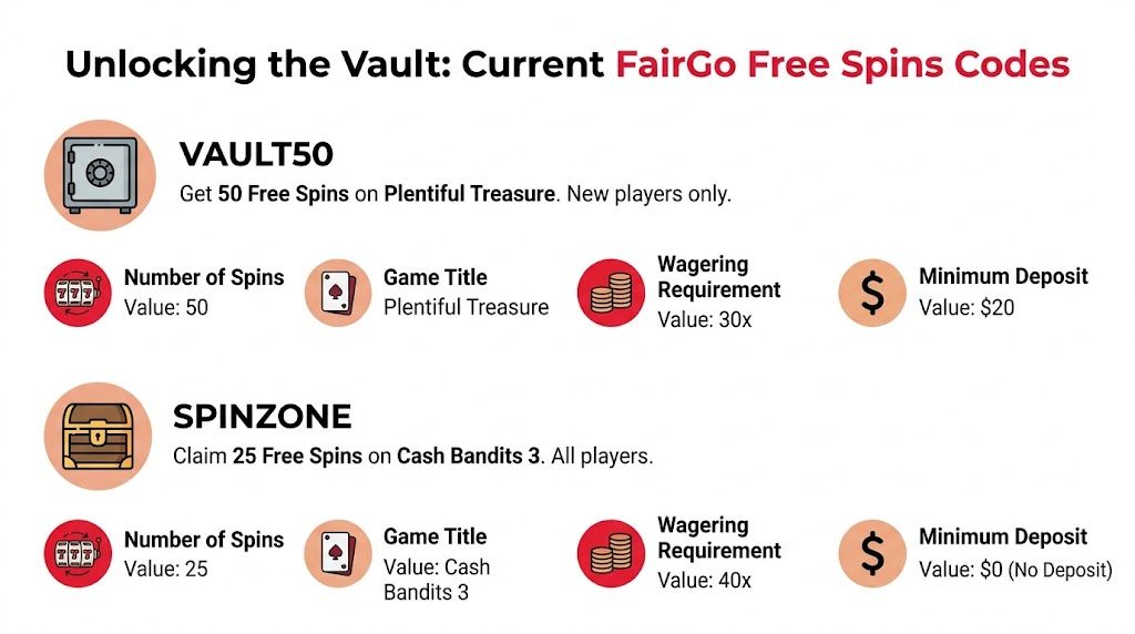 A promotional graphic displaying two FairGo casino bonus codes with their specific free spins and wagering requirements.