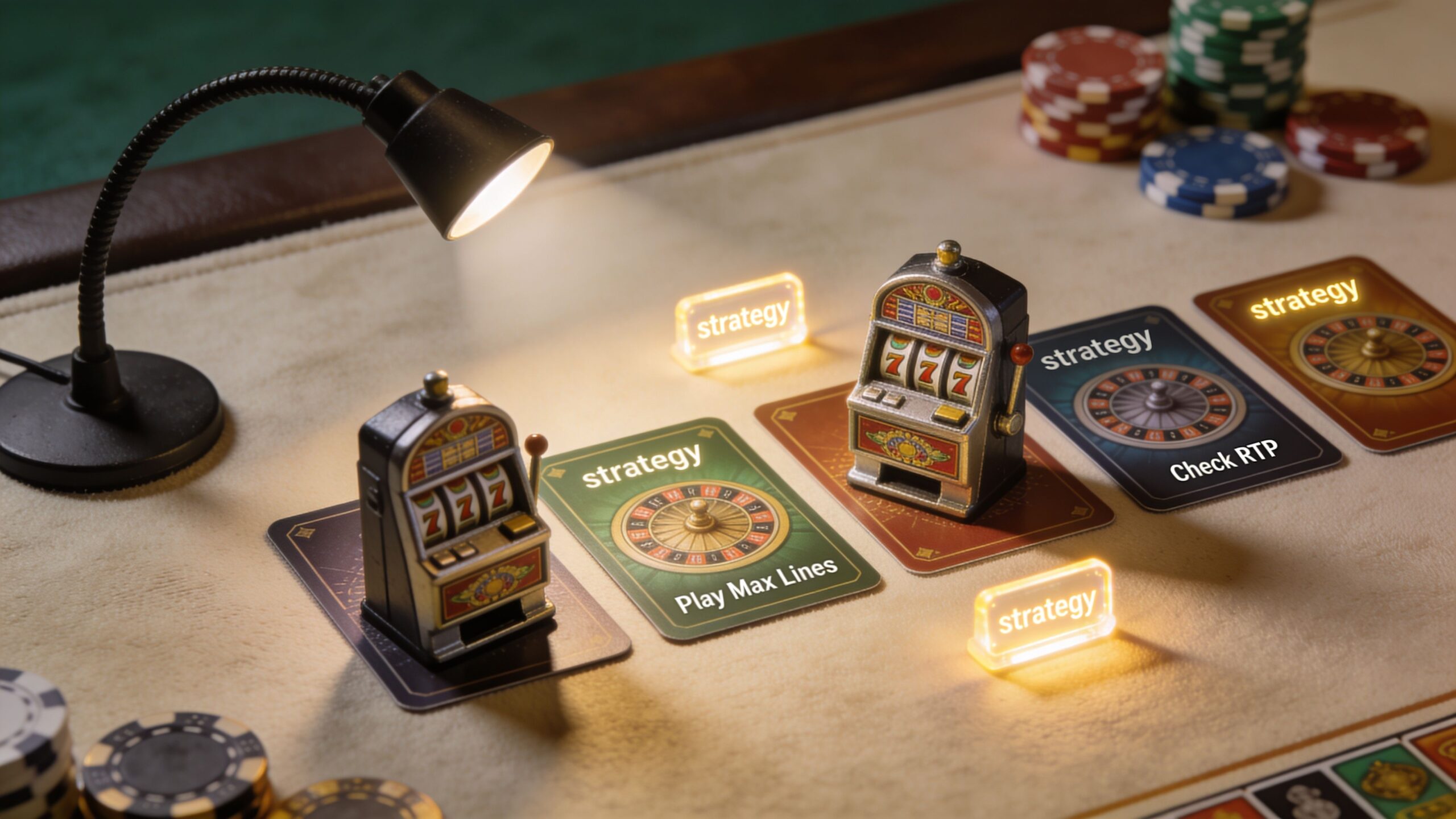 Miniature slot machines and casino strategy cards arranged on a table with poker chips and lamp.
