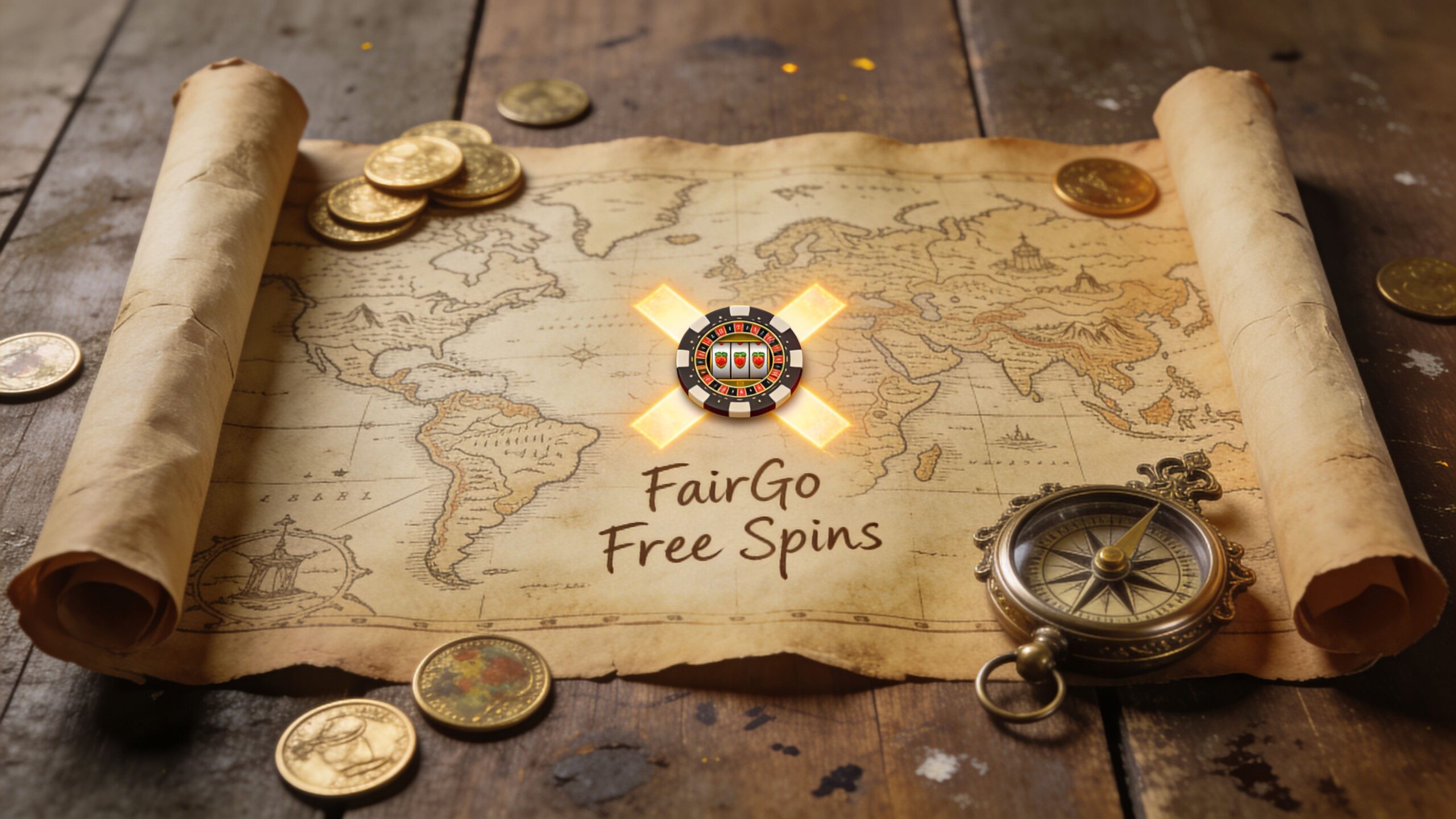 A rustic treasure map featuring a gambling chip with fruit slots, a compass, and scattered gold coins.