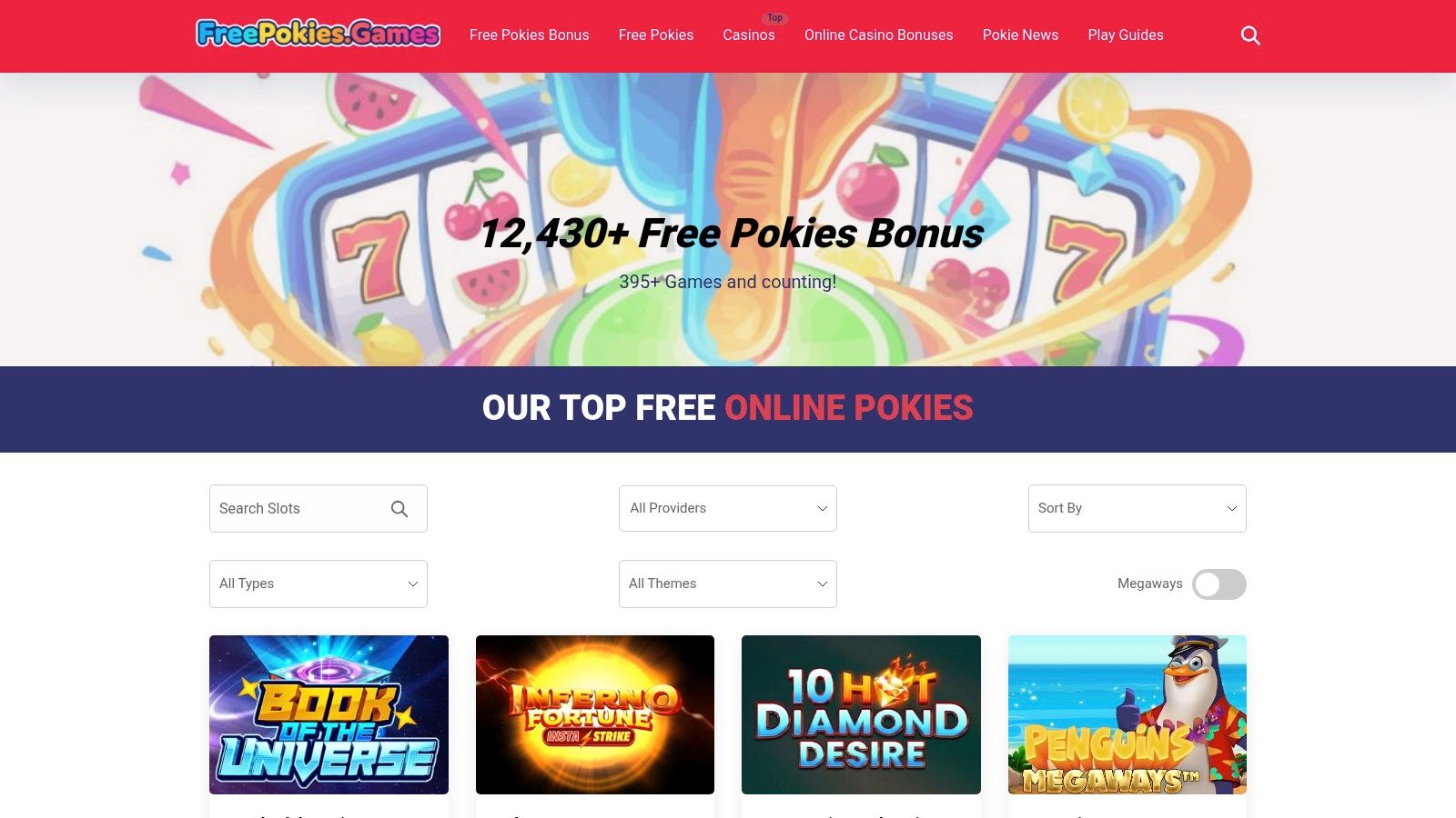 A screenshot of the Free Pokies Games website showing a selection of popular pokie game tiles.