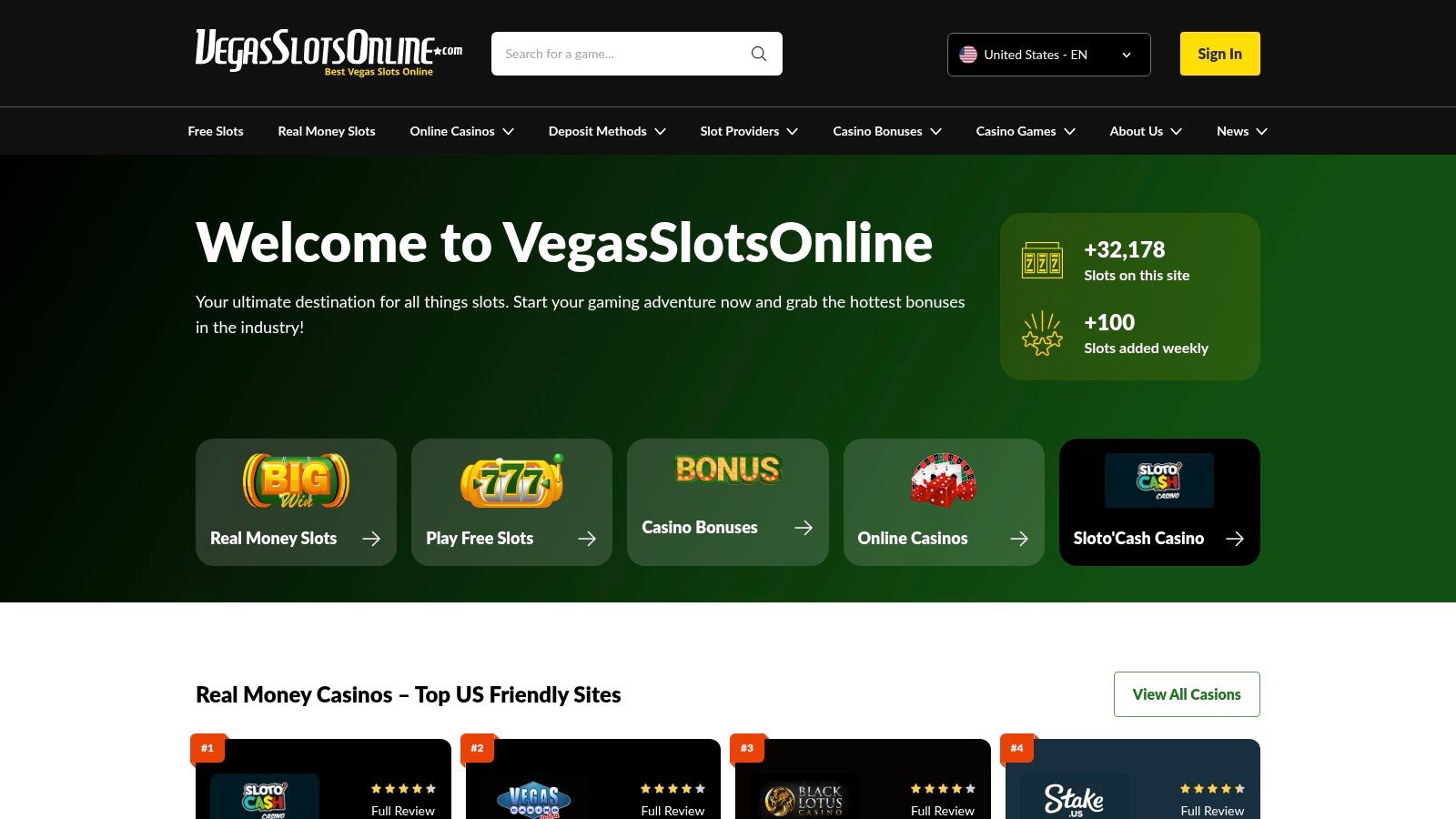 VegasSlotsOnline interface showing a selection of free pokies games