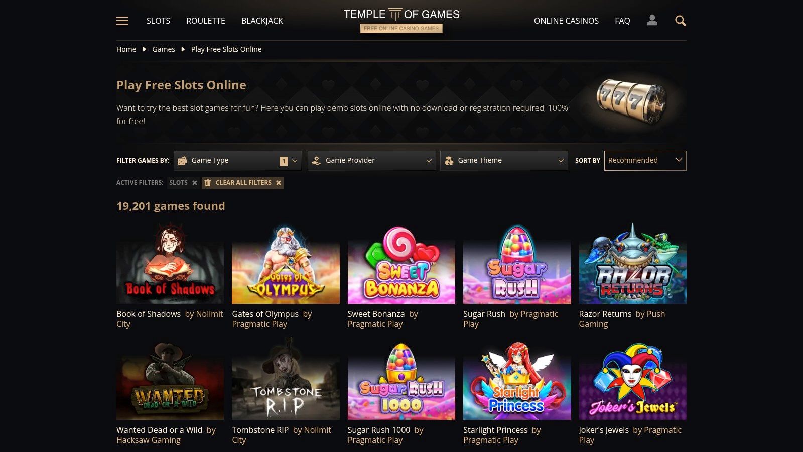 Temple of Games interface showing a selection of free pokies games