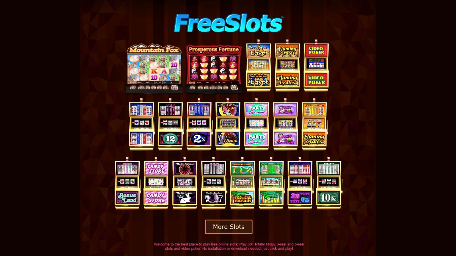 FreeSlots.com homepage showing original slot game titles