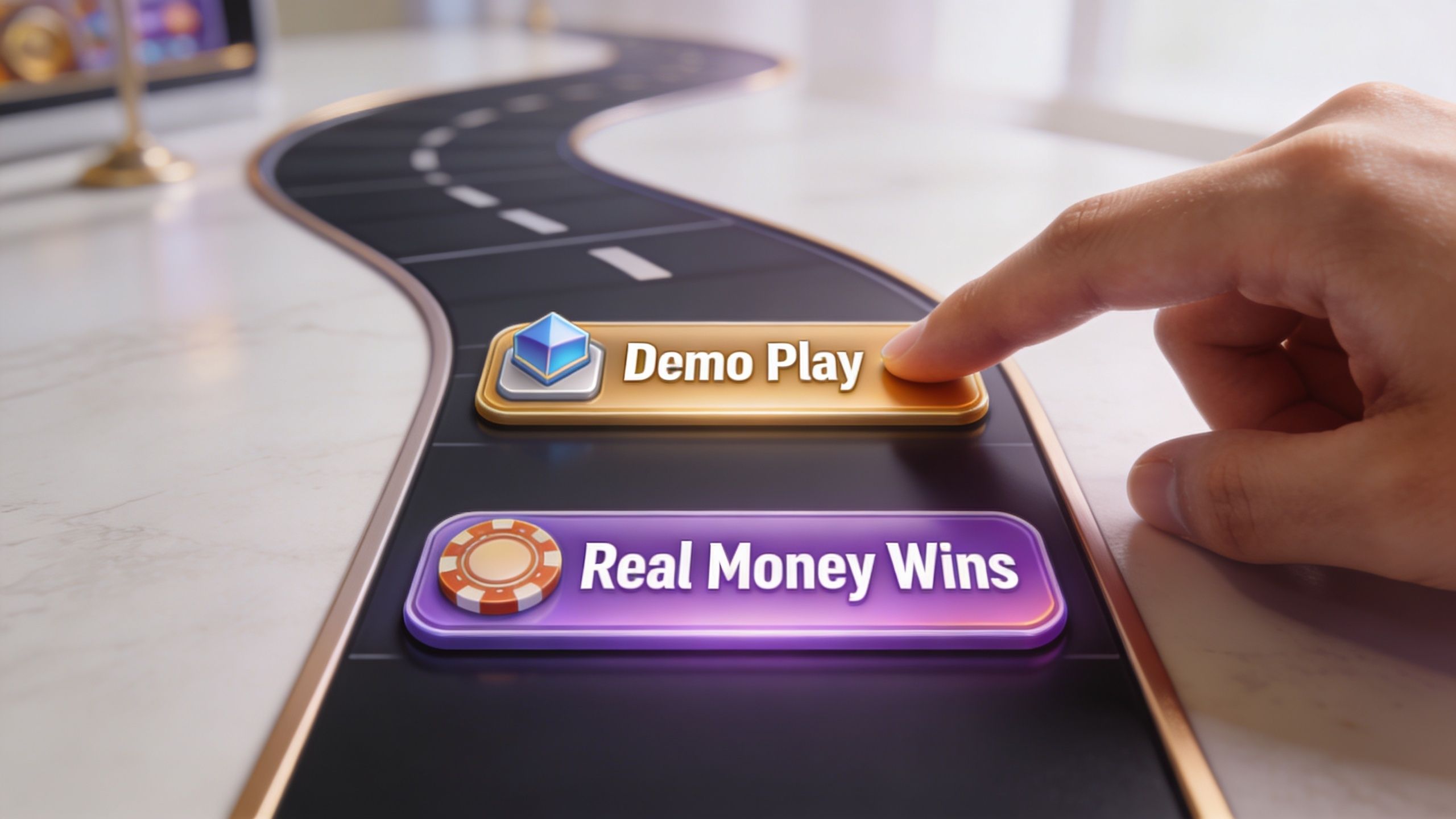 A hand pressing a button for demo play above a real money wins option on a game path.