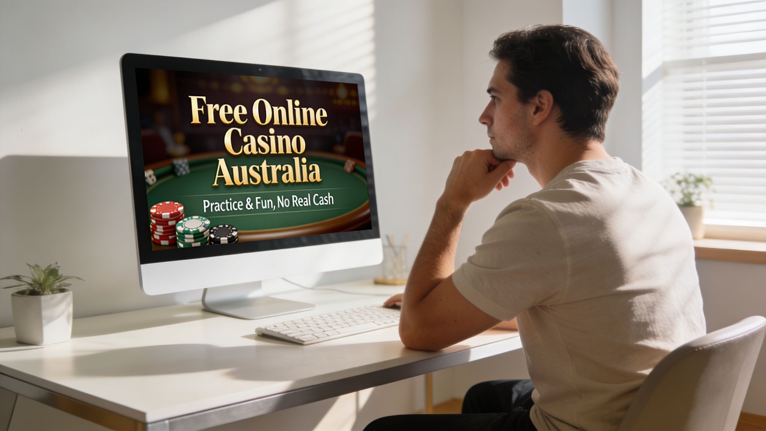 A man sits at a desk looking at a computer screen showing free online casino Australia games.