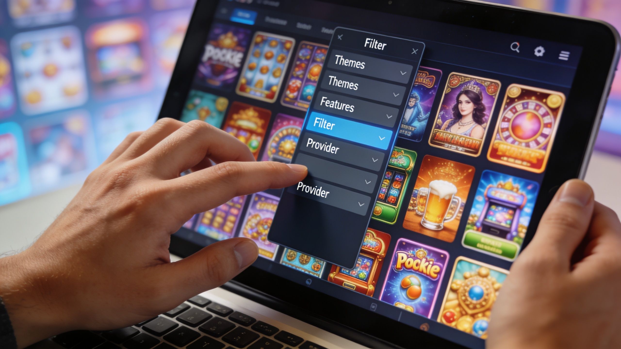 A person using a tablet to browse an online casino gaming platform with a filter menu open.