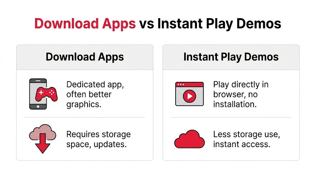 A comparison chart showing the differences between downloadable gaming apps and browser-based instant play game demos.