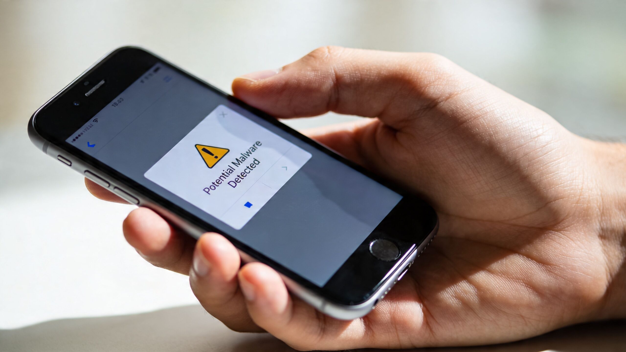 A hand holding a smartphone displaying a security alert notification warning of potential malware detected on device.