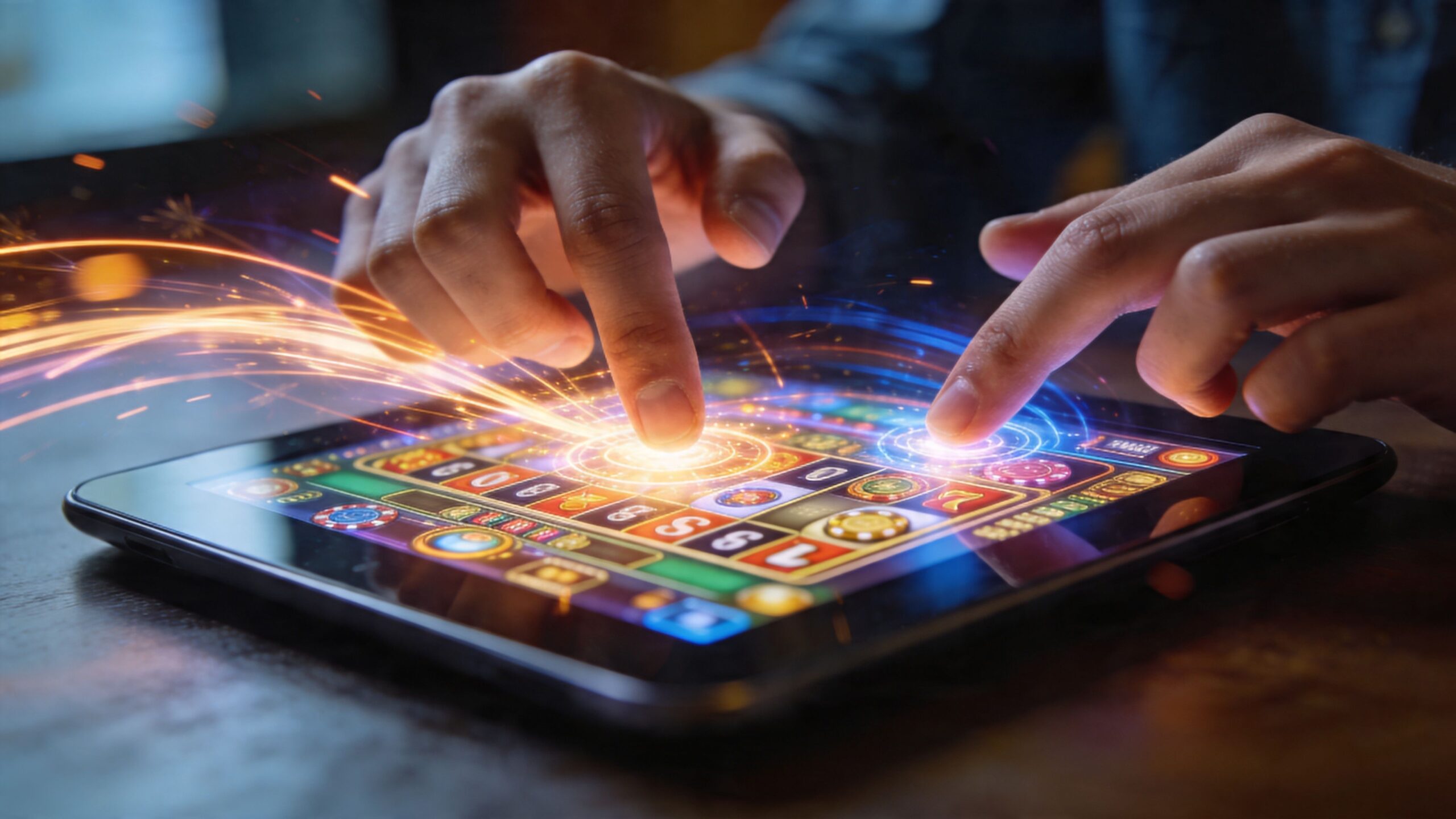 A person using their fingers to interact with a digital slot machine game on a tablet screen.