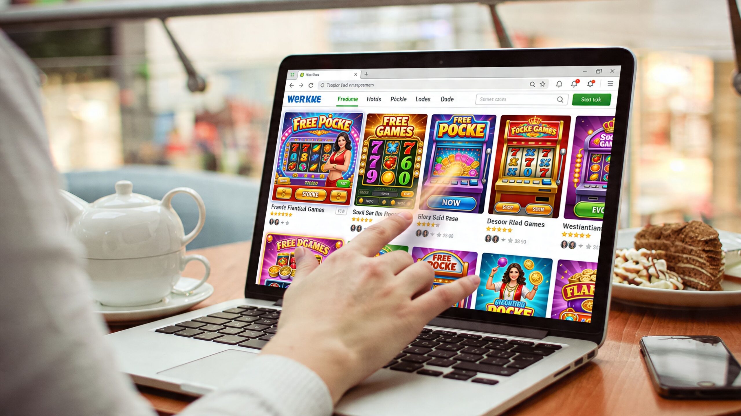 A person using a laptop to browse a website featuring various free online slot machine games.