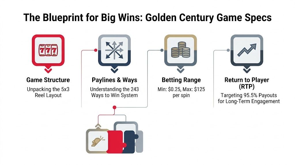 An infographic detailing the game specifications for the Golden Century slot machine, including layout, ways to win, and RTP.