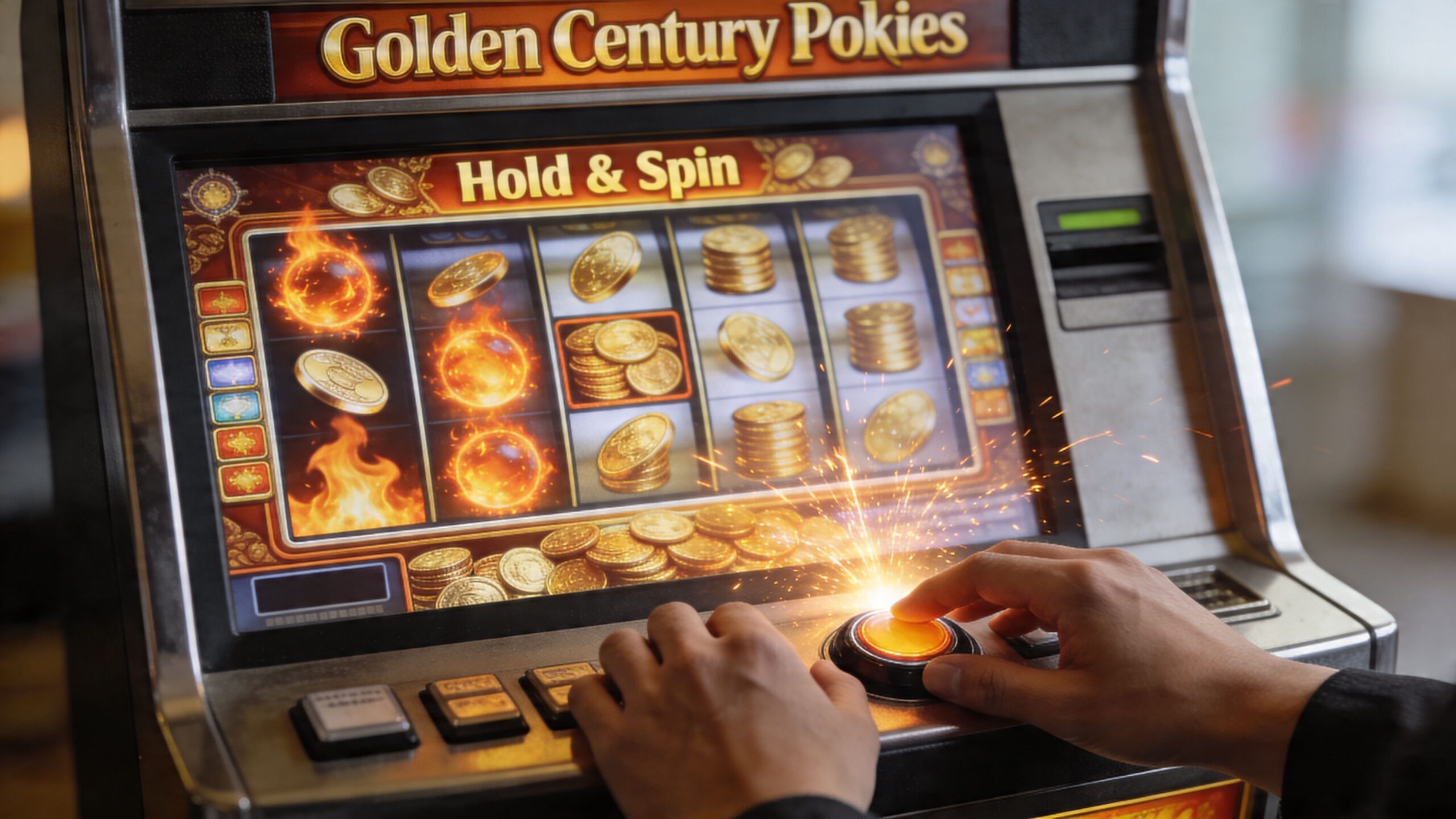 A close-up of a person playing a digital slot machine game called Golden Century Pokies with flaming symbols.