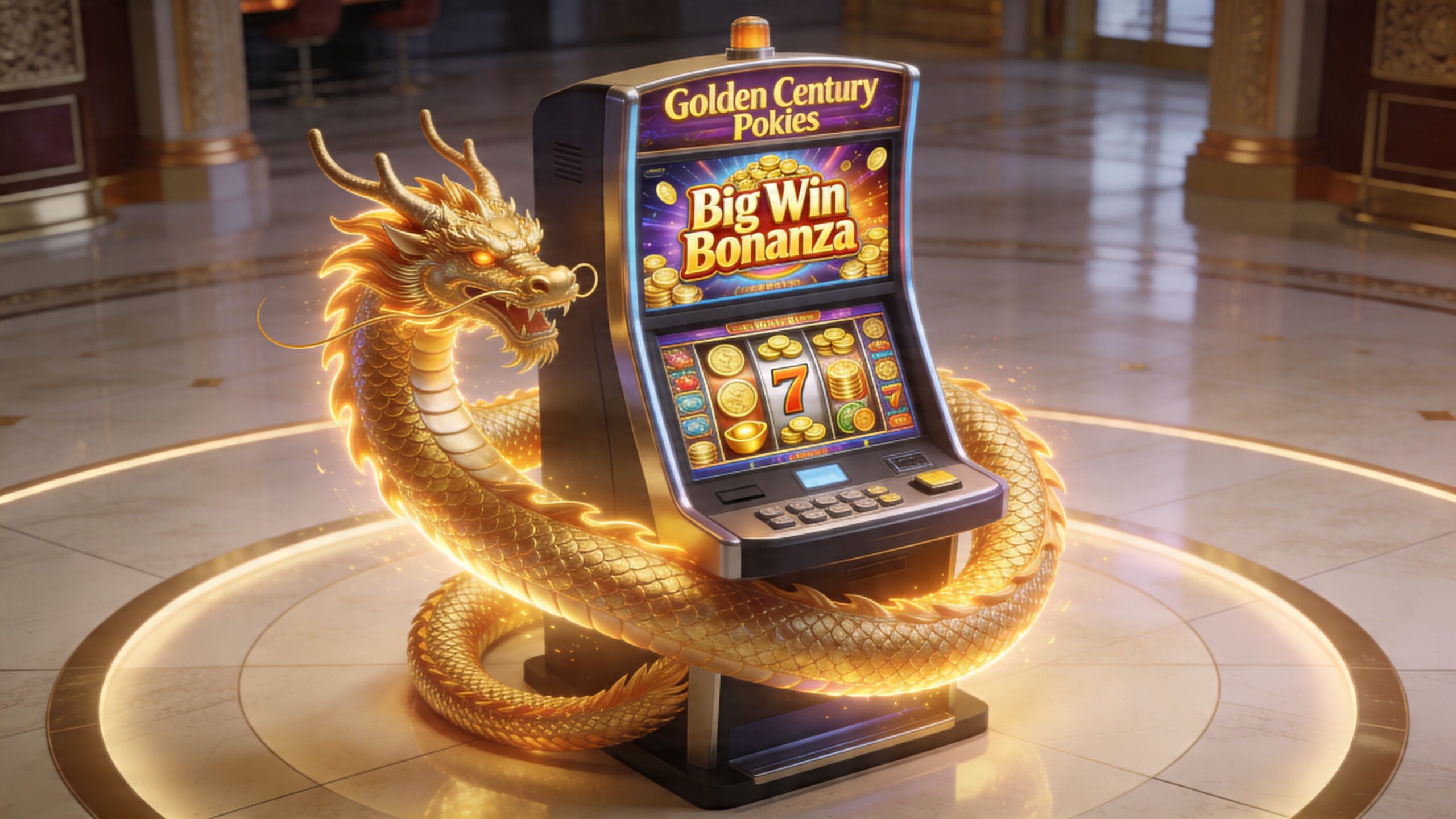 A luxurious slot machine titled Golden Century Pokies featuring a glowing golden dragon coiled around the base.