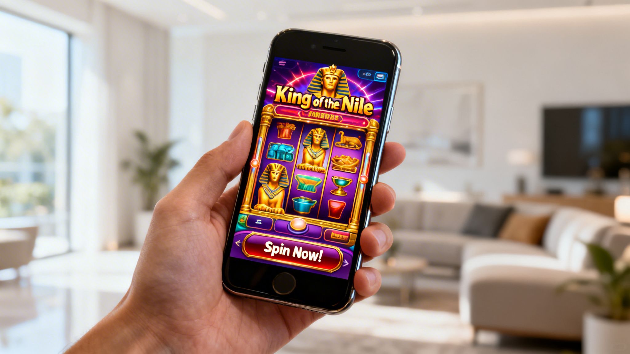 A hand holding a smartphone displaying the King of the Nile mobile slot machine game screen.