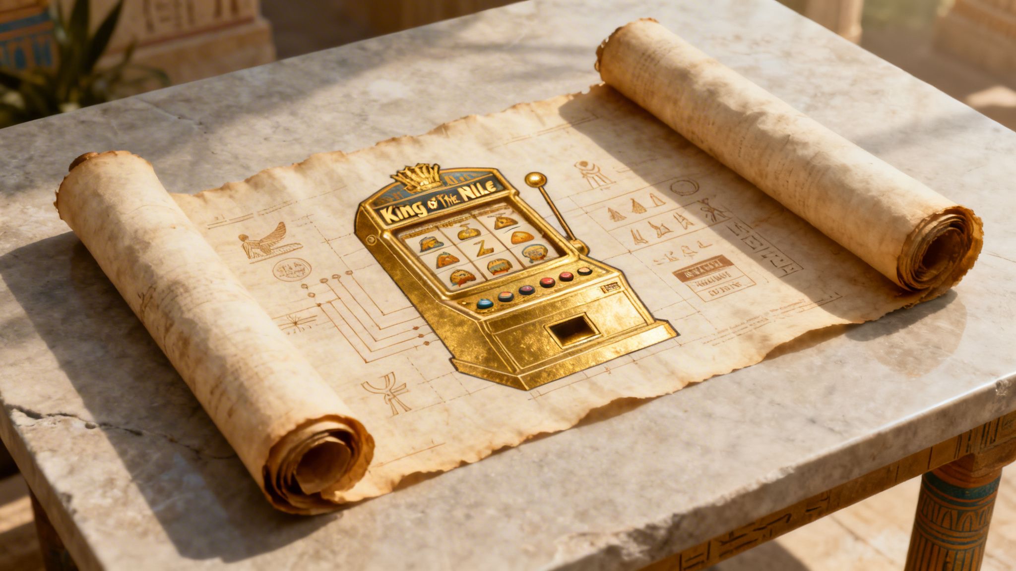A golden slot machine titled King of the Nile depicted on an ancient Egyptian style papyrus scroll.