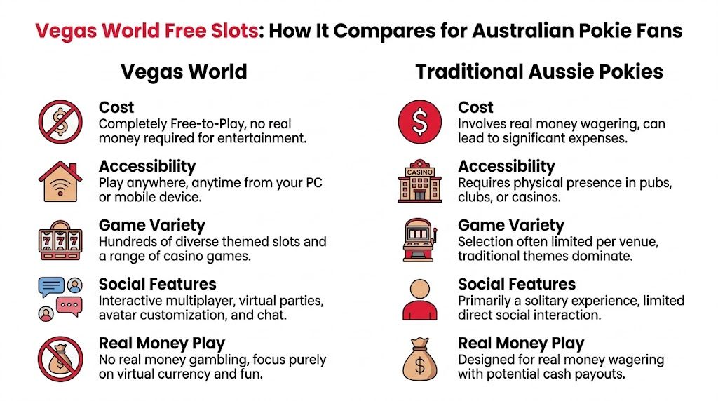 A comparison chart showing differences between Vegas World free slots and traditional Australian physical pokie machines.