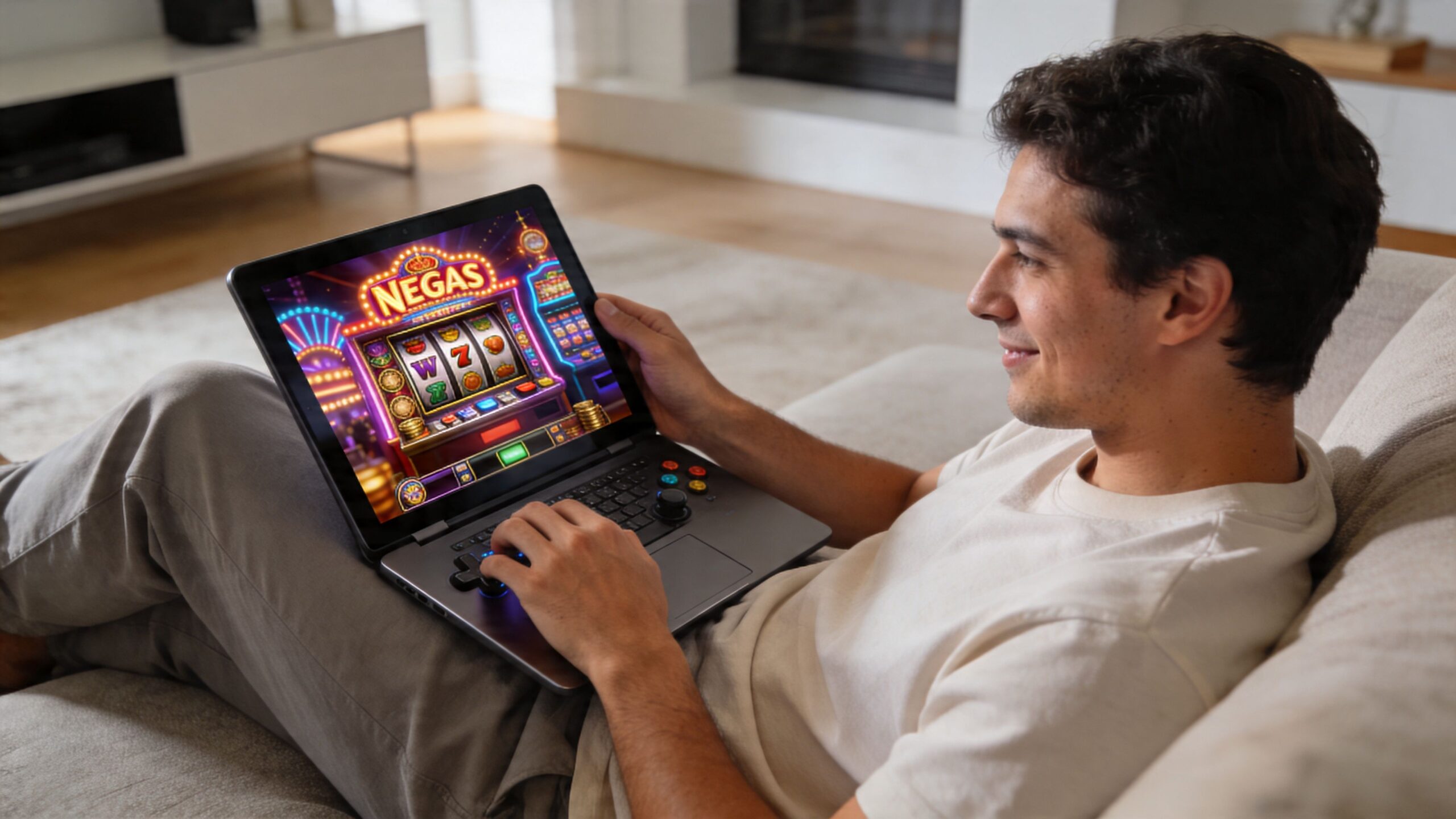 A smiling young man plays a Las Vegas style slot machine game on a handheld gaming laptop.