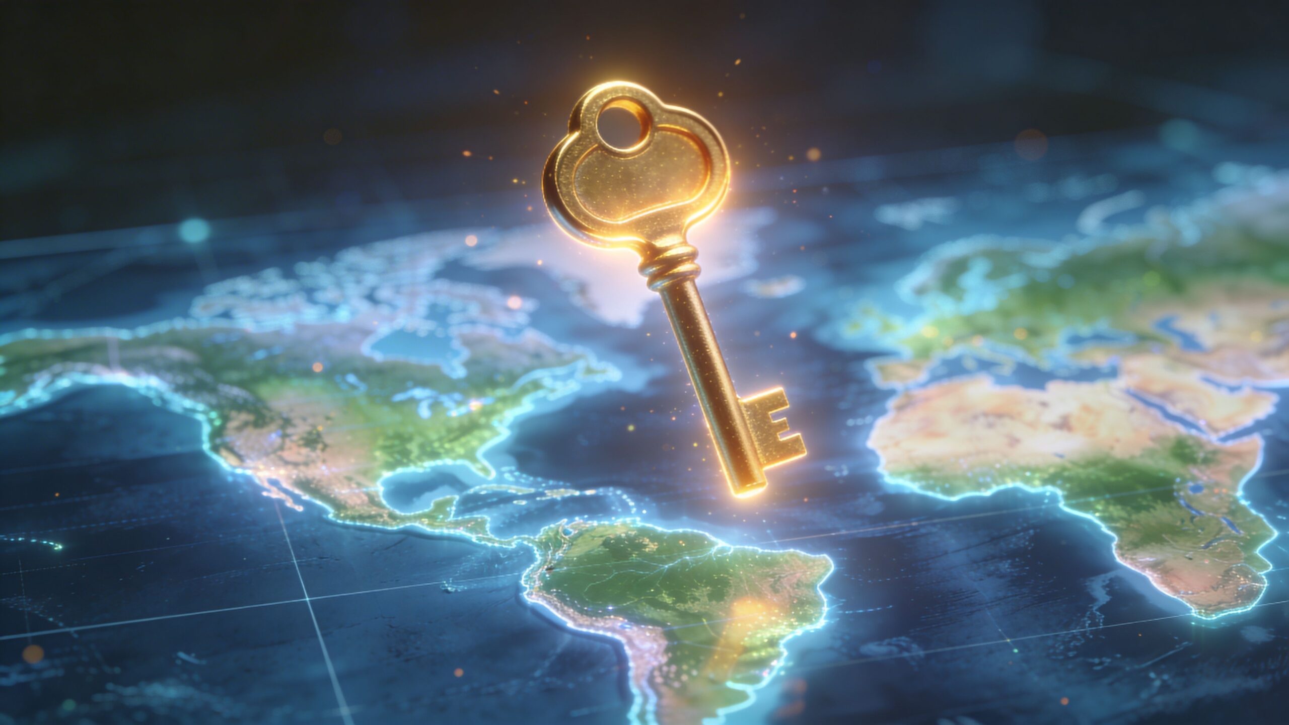 A glowing golden key hovering above a stylized digital map of the world with glowing borders.