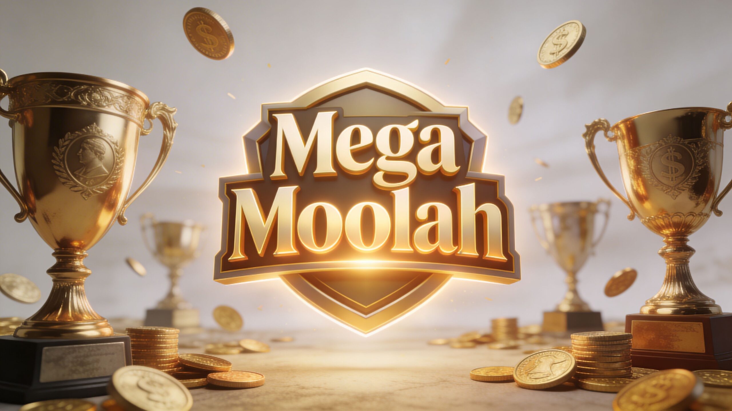 A golden Mega Moolah logo centered between shiny trophies and stacks of gold coins on a table.