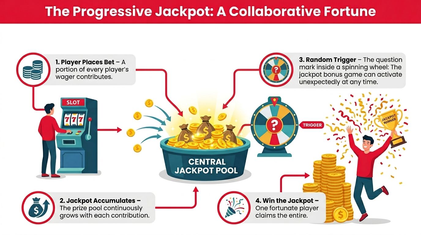 An infographic illustration explaining the mechanics of how a progressive jackpot works in casino gaming.