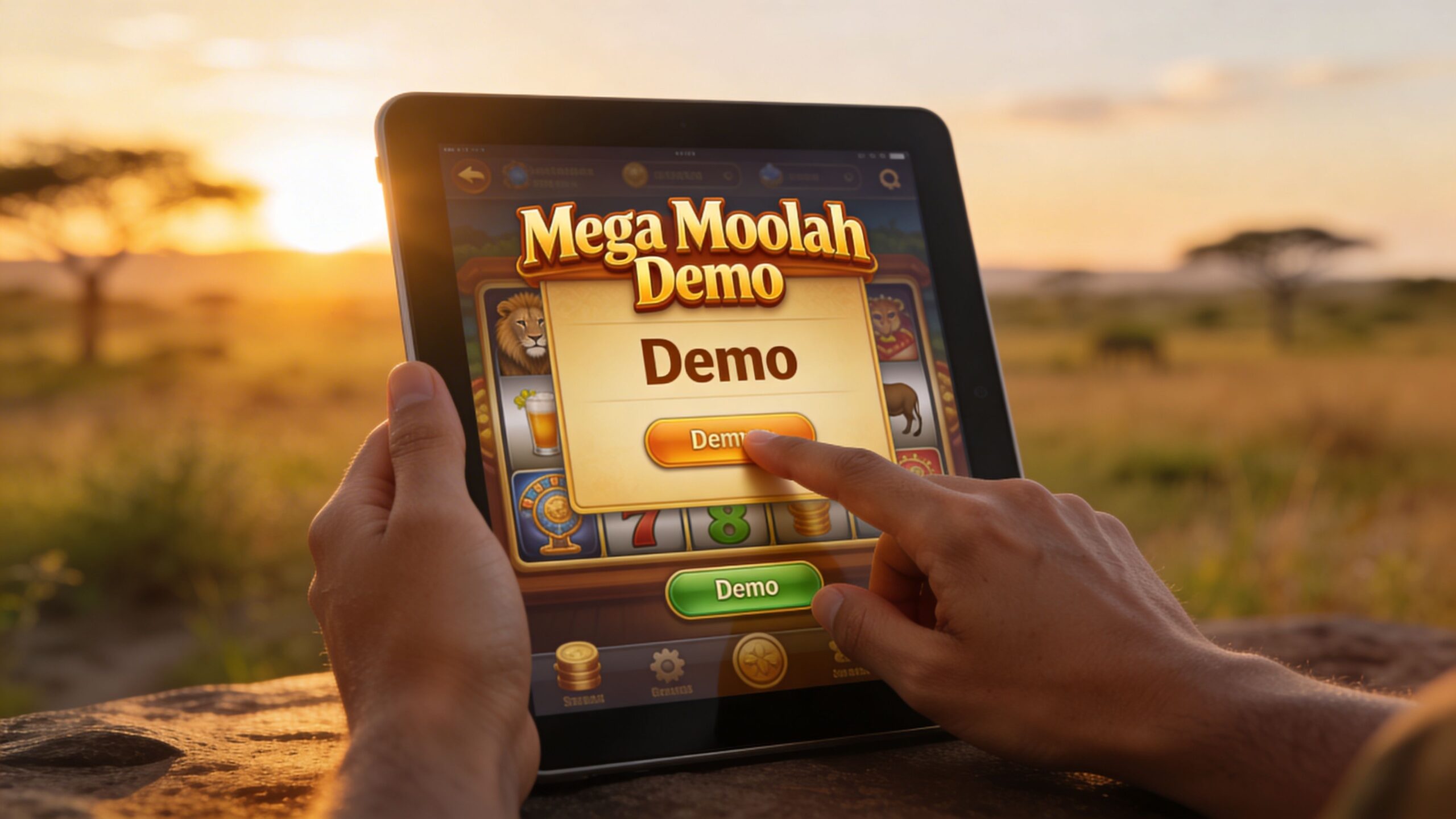 A person using a tablet to play the Mega Moolah slot game during a sunset in Africa.