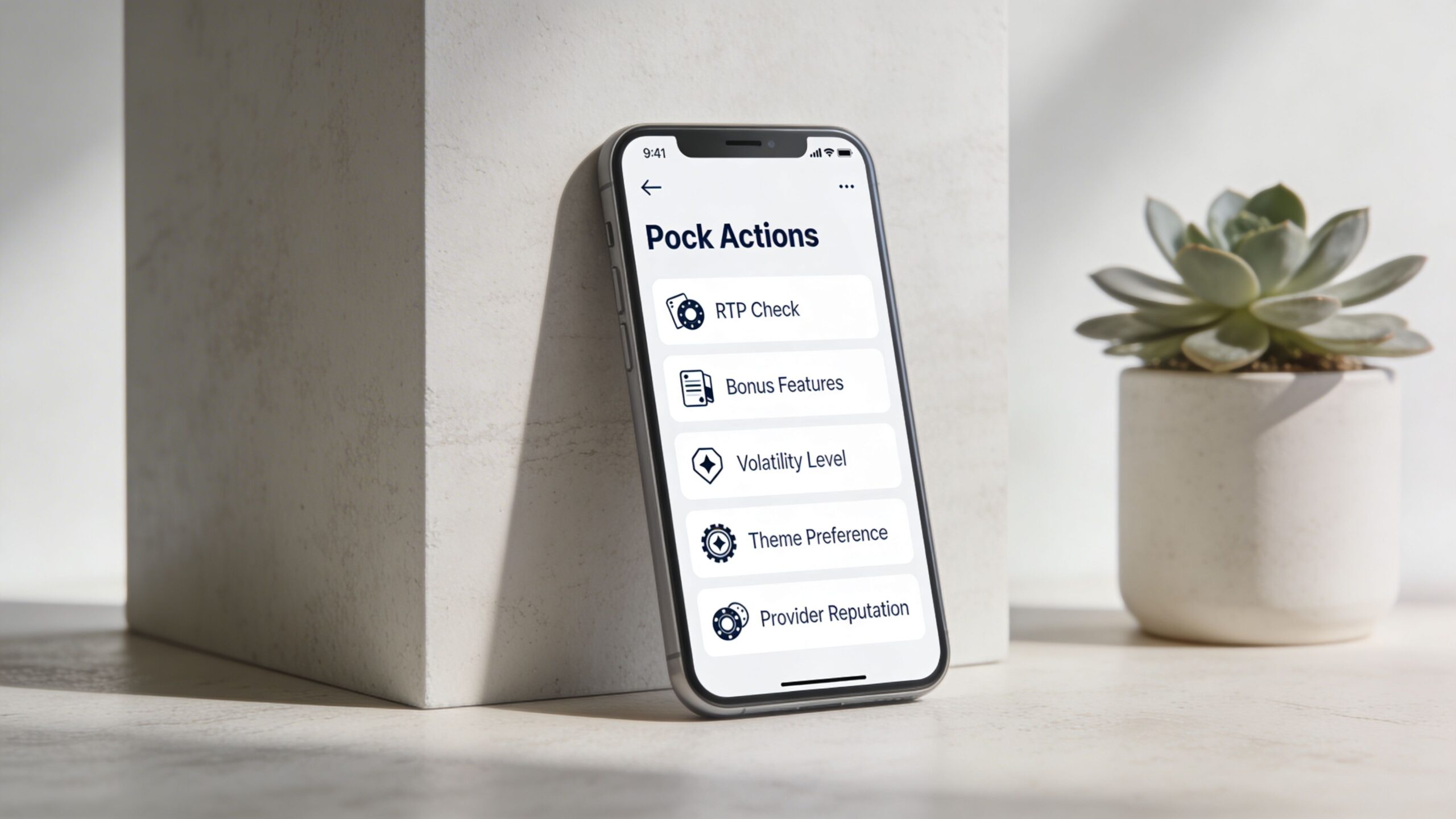 A smartphone leaning against a concrete block displaying a Pock Actions menu for online slot games
