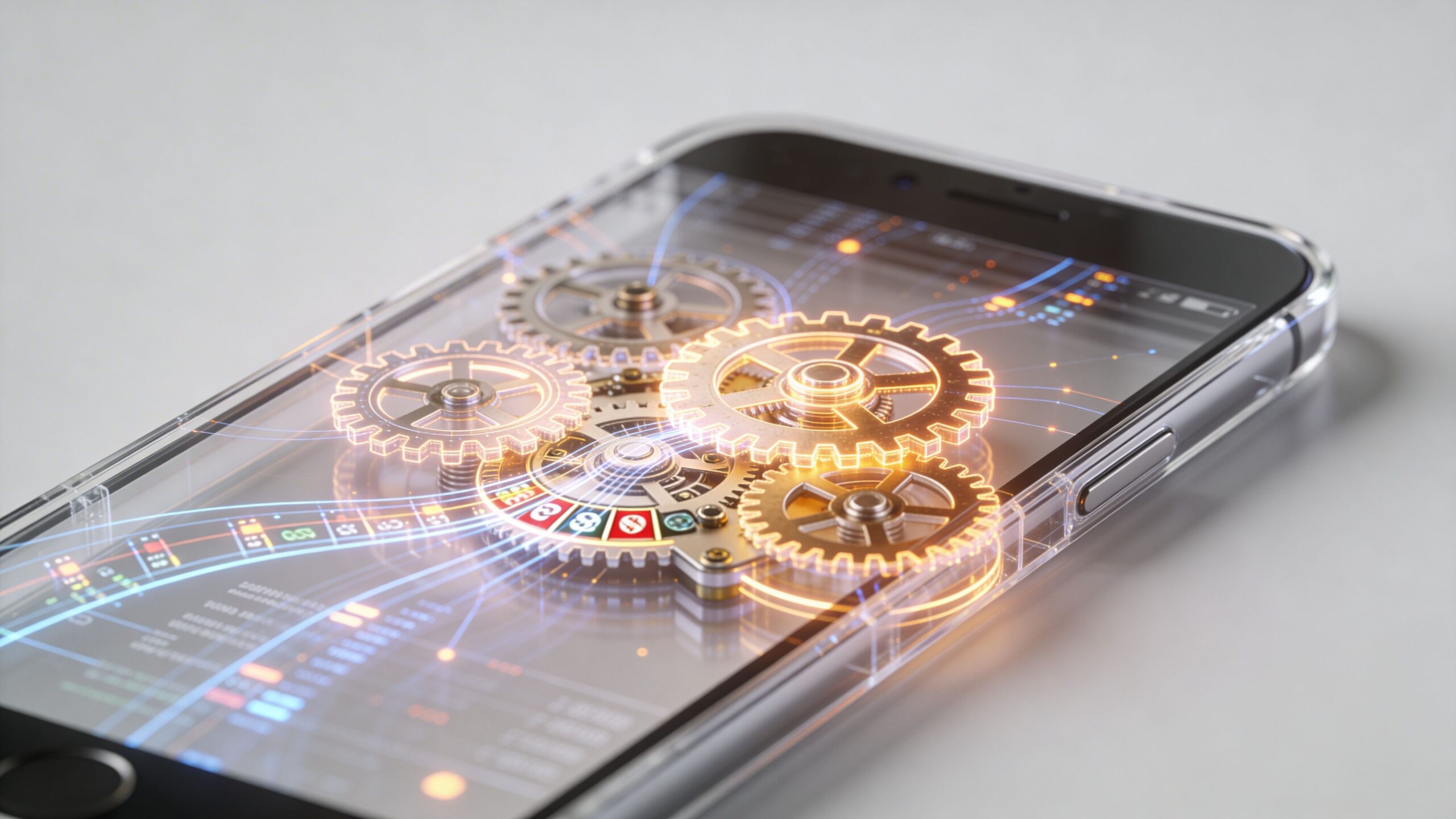 A smartphone screen displaying a glowing digital gear mechanism overlaid with casino roulette wheel elements