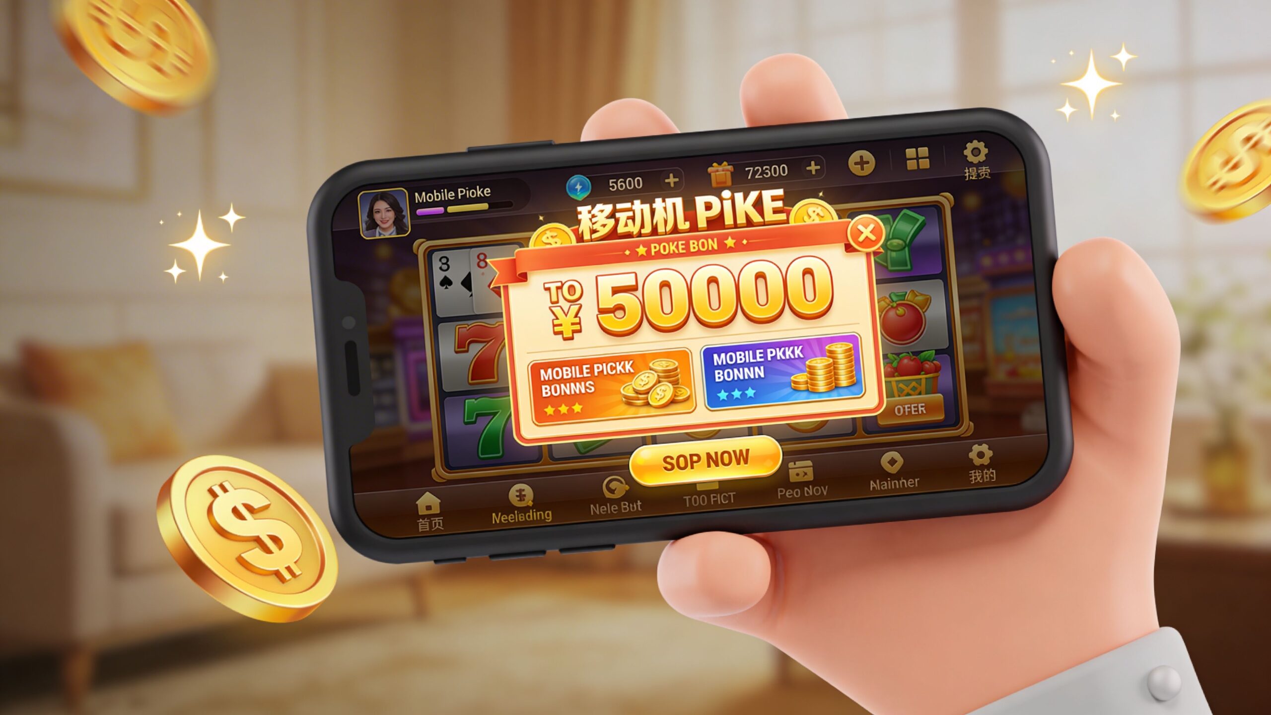 A smartphone held in a hand showing a mobile online pokies game with a promotional bonus offer.