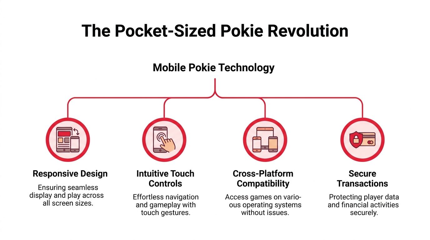 An infographic titled The Pocket-Sized Pokie Revolution illustrating four key features of modern mobile pokie game technology.