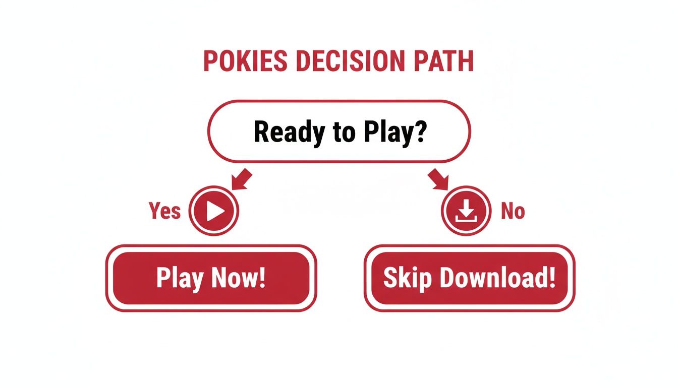 A flowchart titled 'Pokies Decision Path' asking 'Ready to Play?' with options 'Yes' to 'Play Now!' or 'No' to 'Skip Download!'.