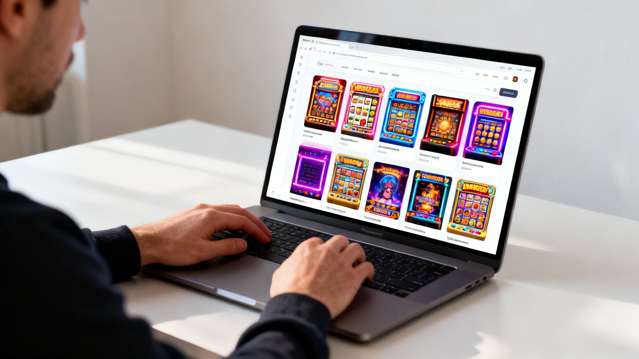 A person browses a website displaying numerous colorful online slot machine games on a laptop.