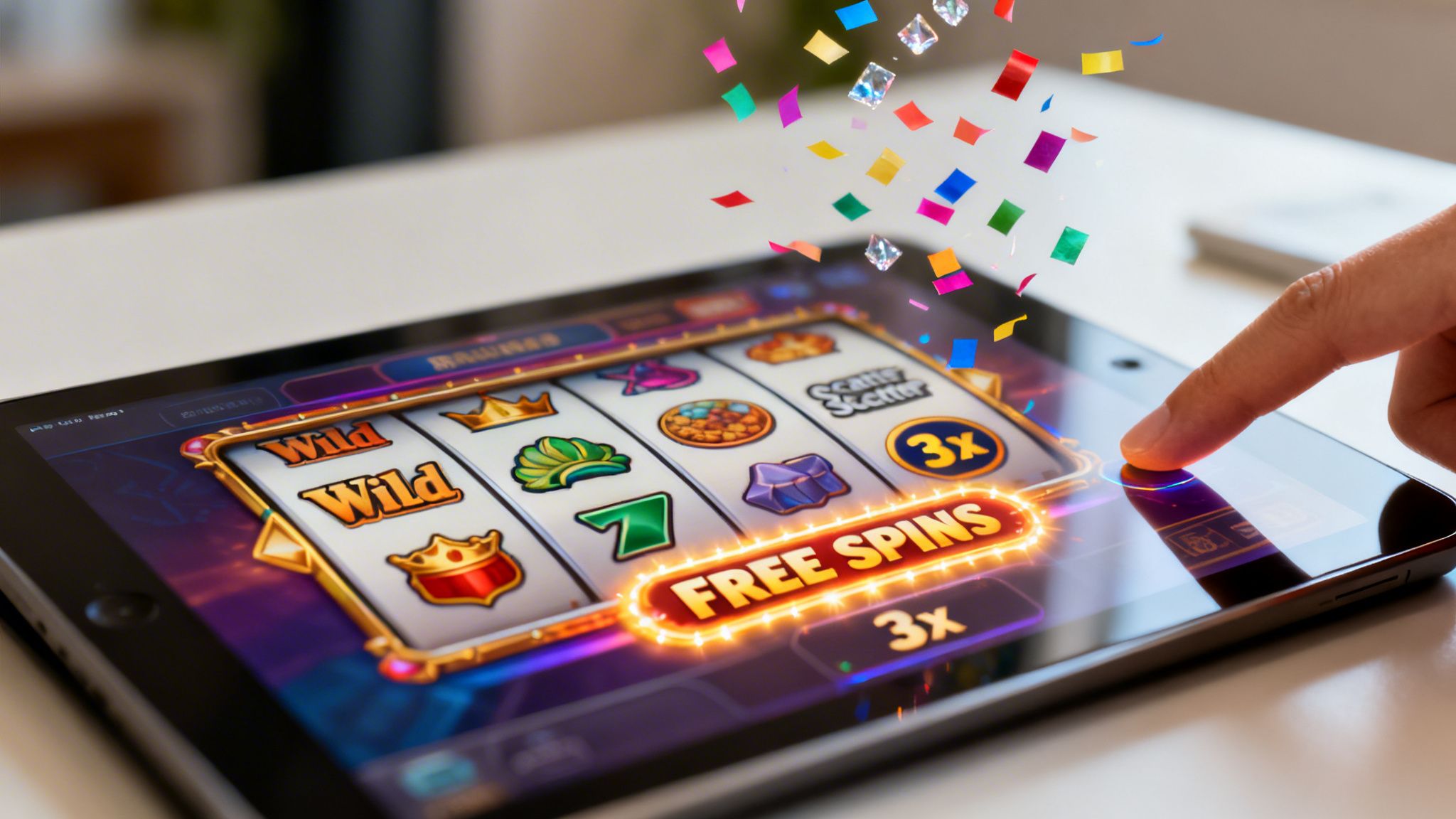 A hand taps a tablet screen showing an online slot machine game with 'Free Spins' and falling confetti.