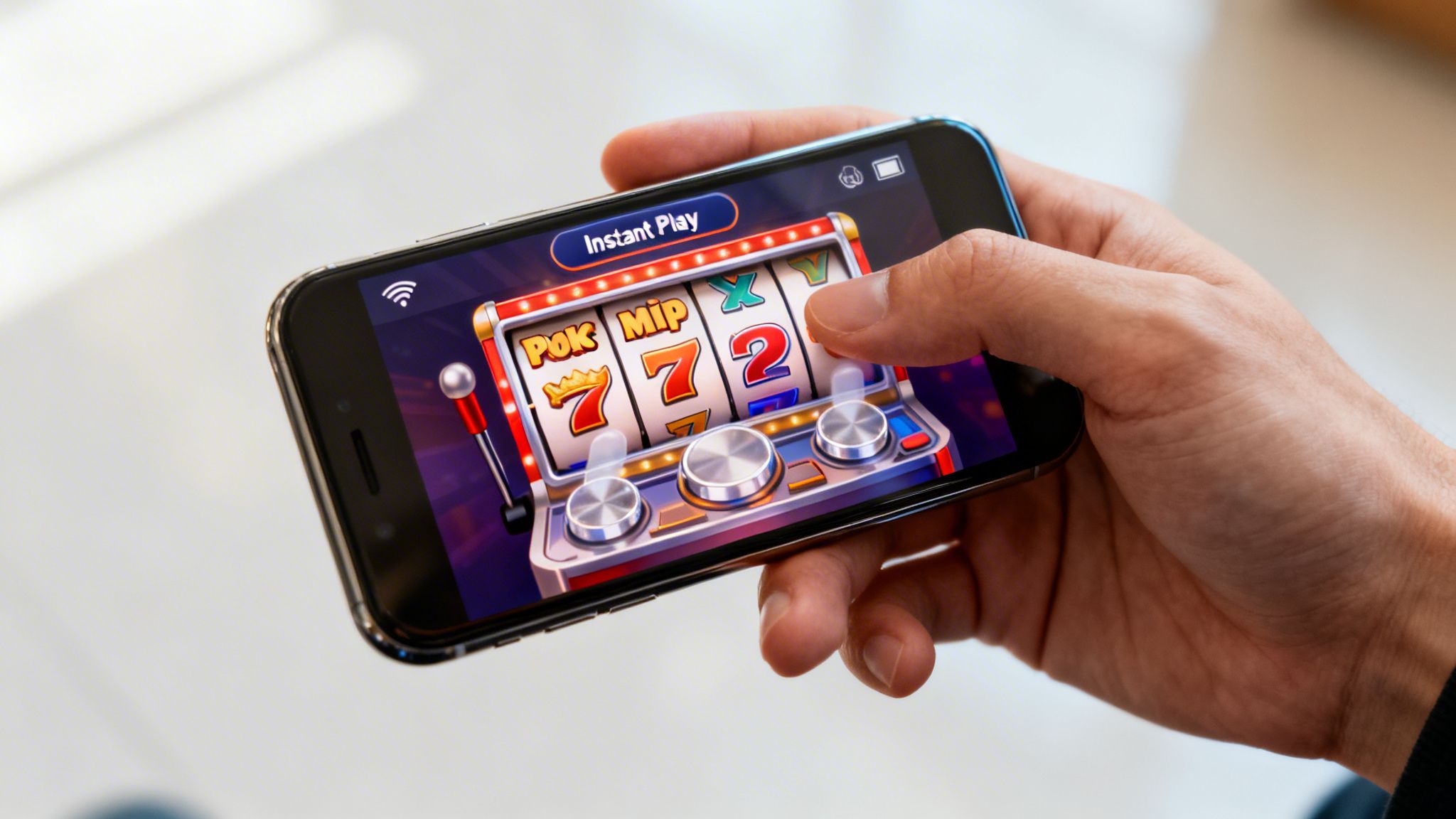 A person holds a smartphone horizontally, playing an online slot machine game with a finger touching the screen.