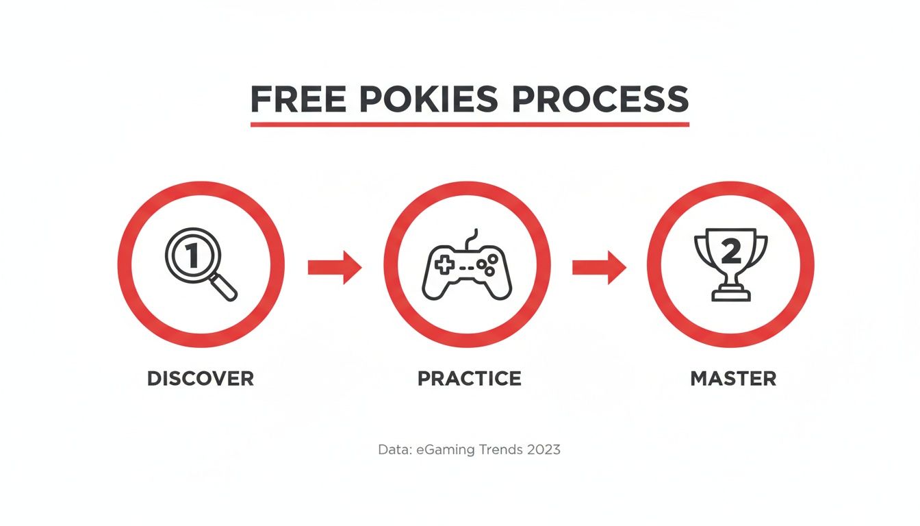 A diagram illustrating the free pokies process: Discover, Practice, and Master, based on eGaming Trends 2023.