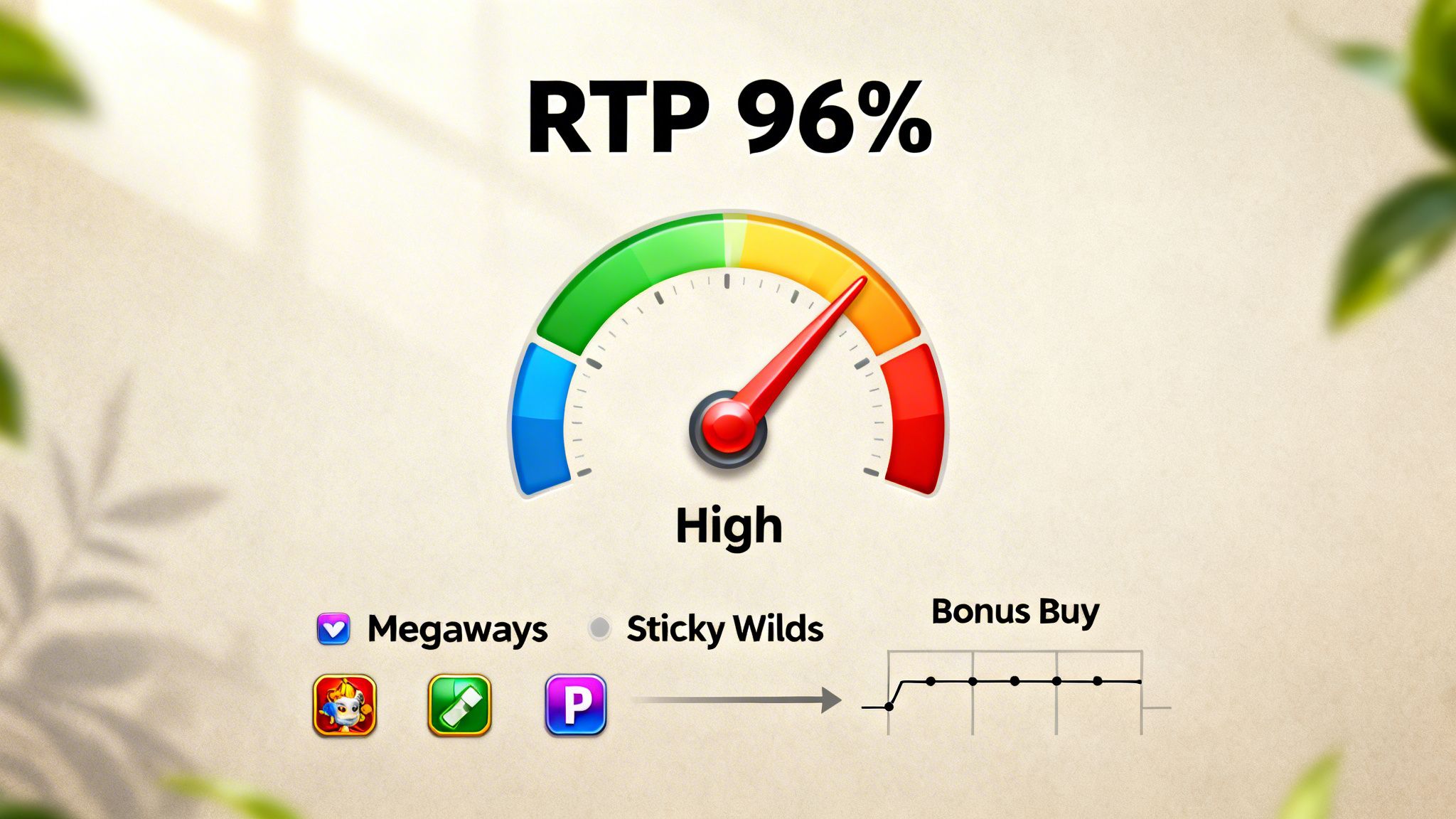 A detailed image showcasing slot machine features, including 96% RTP, high volatility, Megaways, Sticky Wilds, and Bonus Buy.