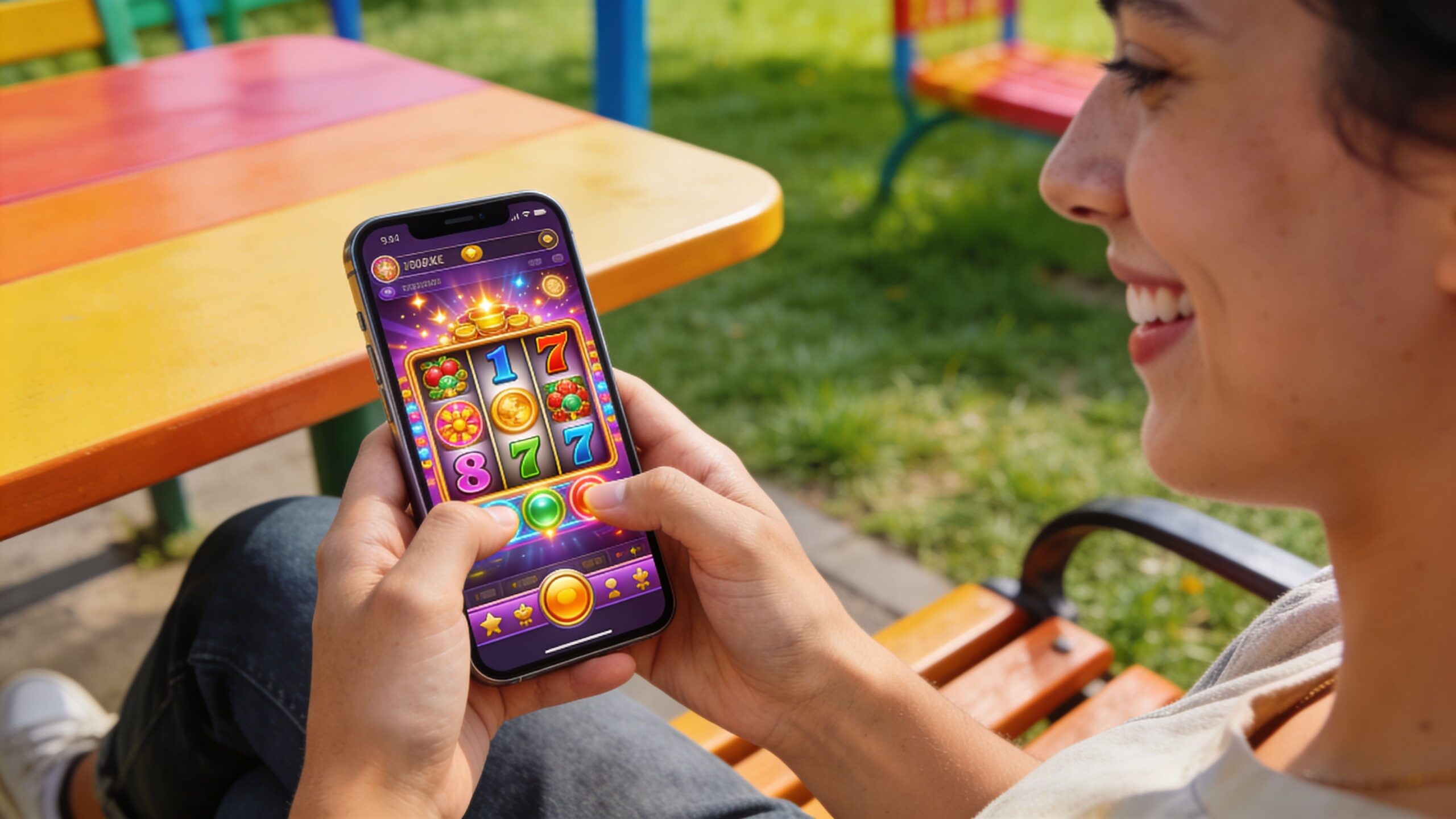 A smiling young woman sits outdoors at a colorful table while playing a vibrant online pokies game on her smartphone.