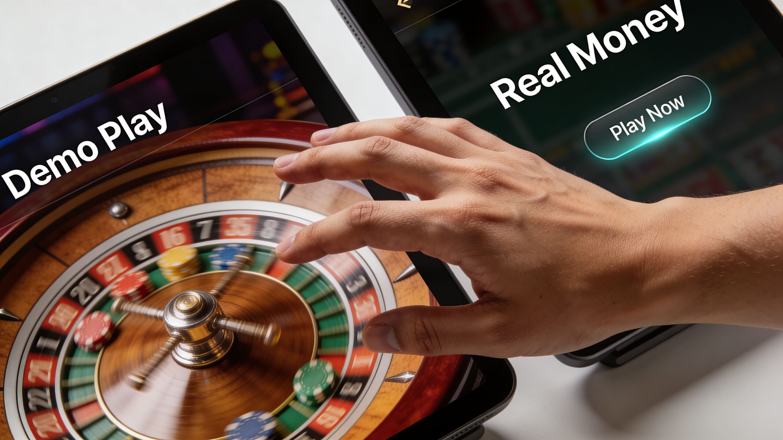 A hand reaching towards two tablets displaying online casino roulette games for demo and real money play.