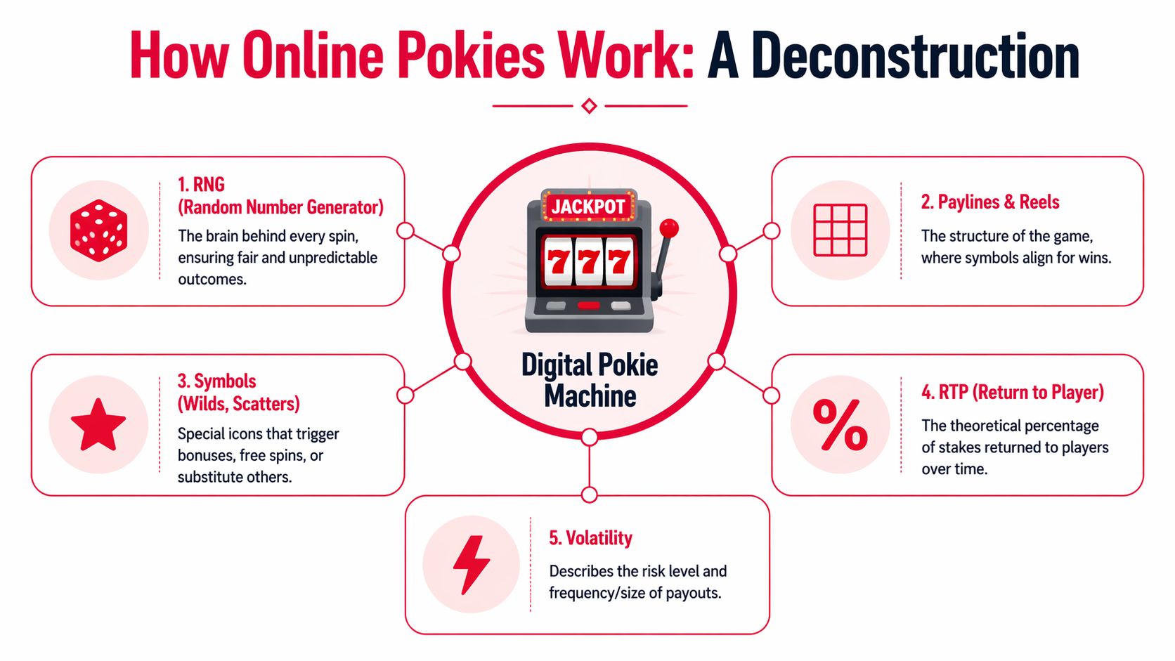An infographic titled How Online Pokies Work explaining RNG, paylines, symbols, RTP, and volatility in digital slots.