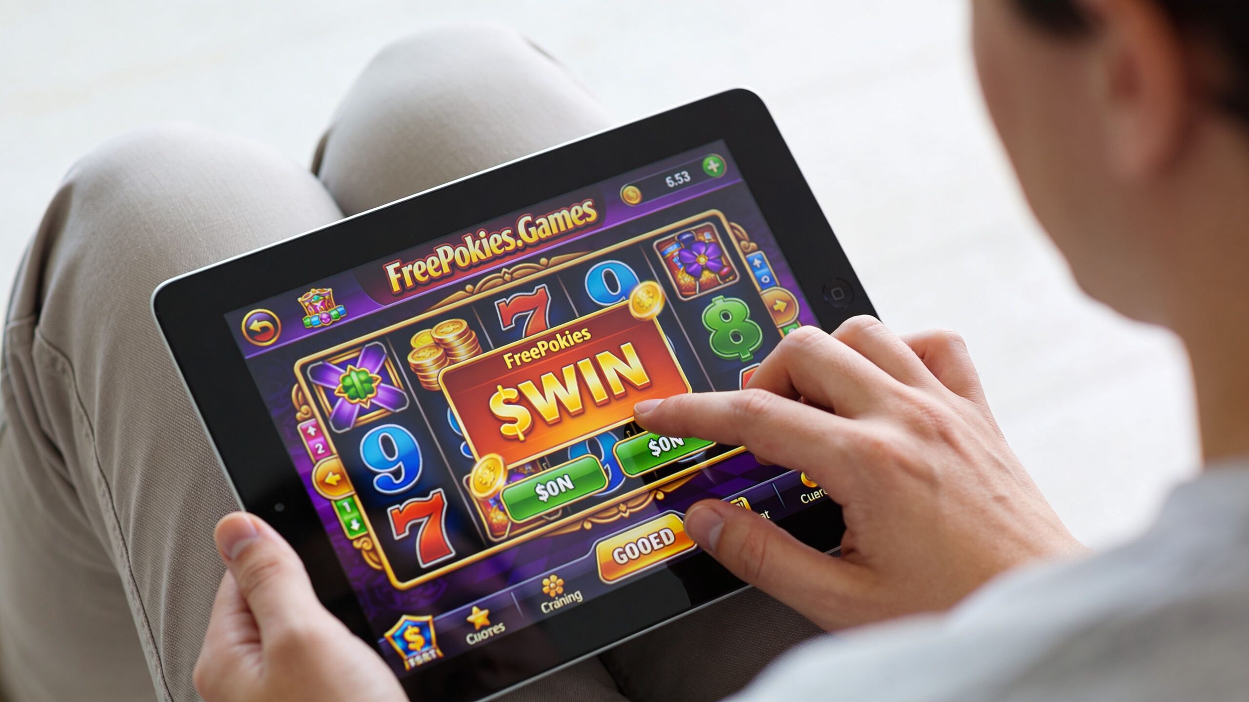 A person playing an online slot machine game on a digital tablet computer held in their lap.