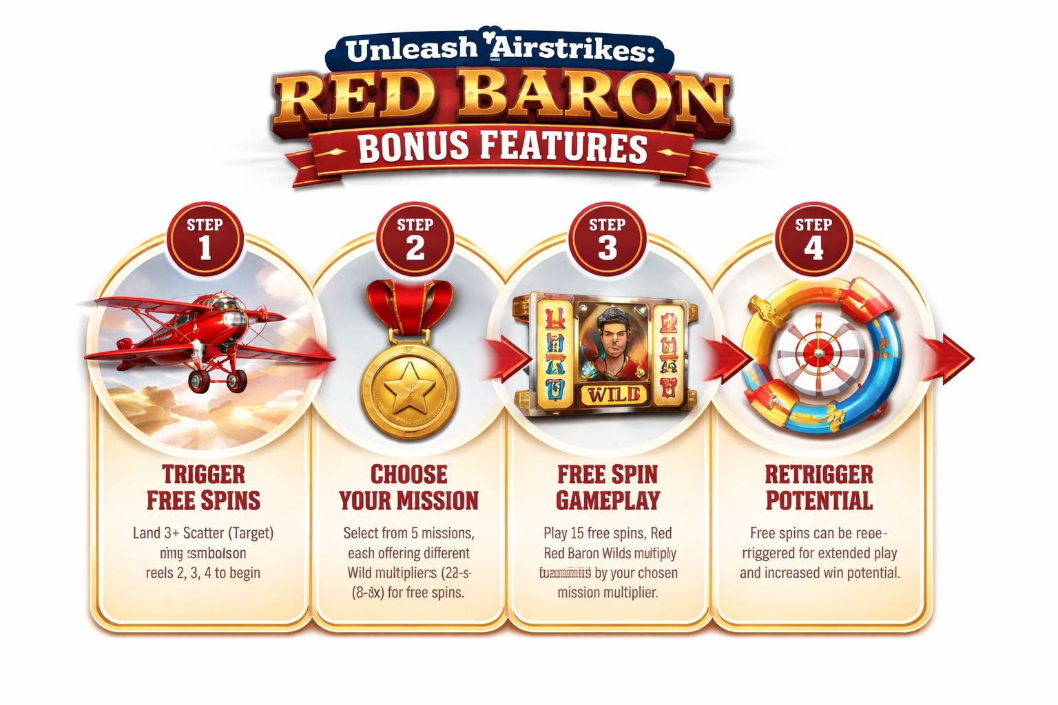 An infographic showing the four steps of the Red Baron slot machine bonus features and free spins gameplay.