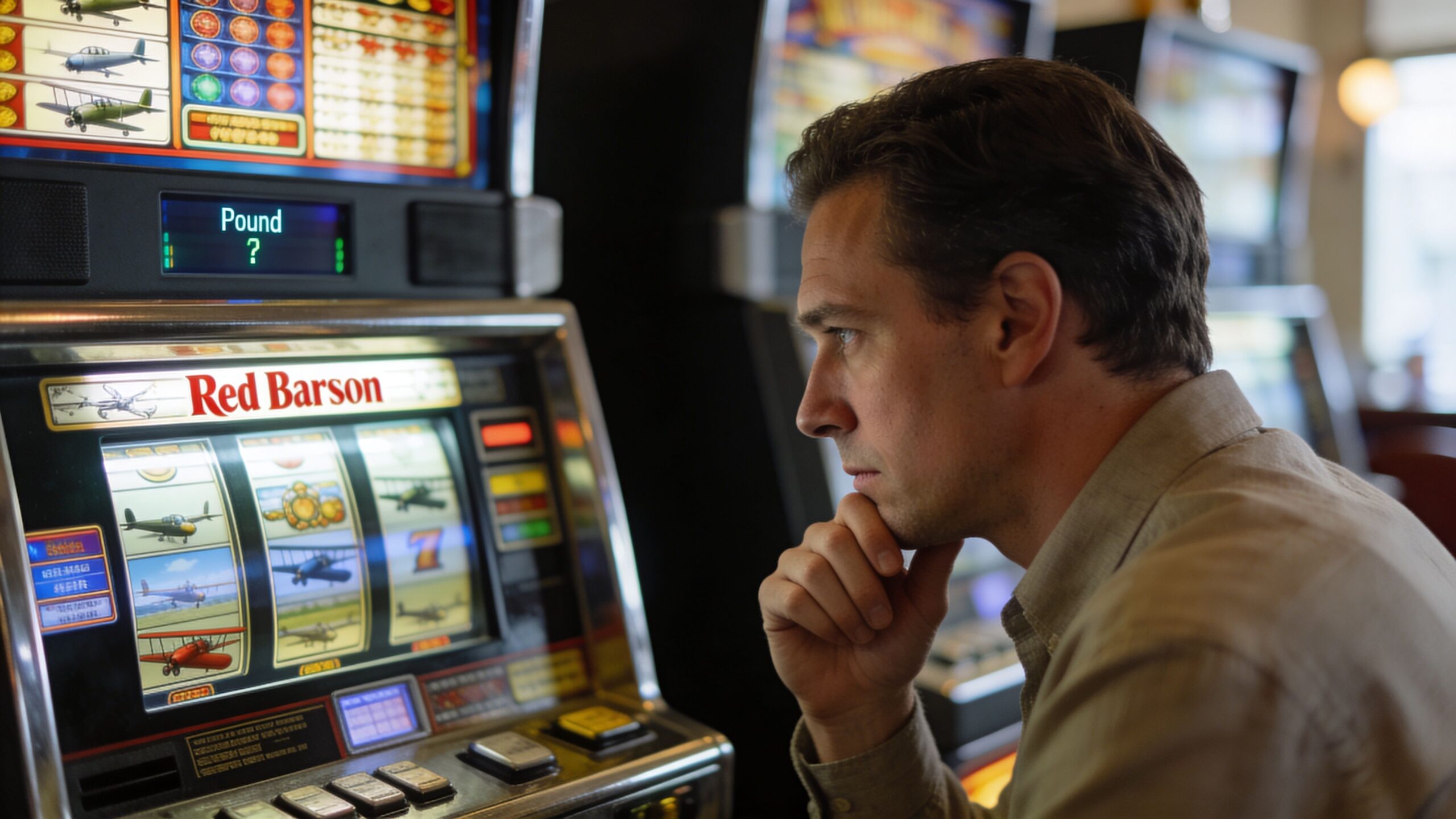 A man looking intently at a Red Baron themed slot machine inside a casino.