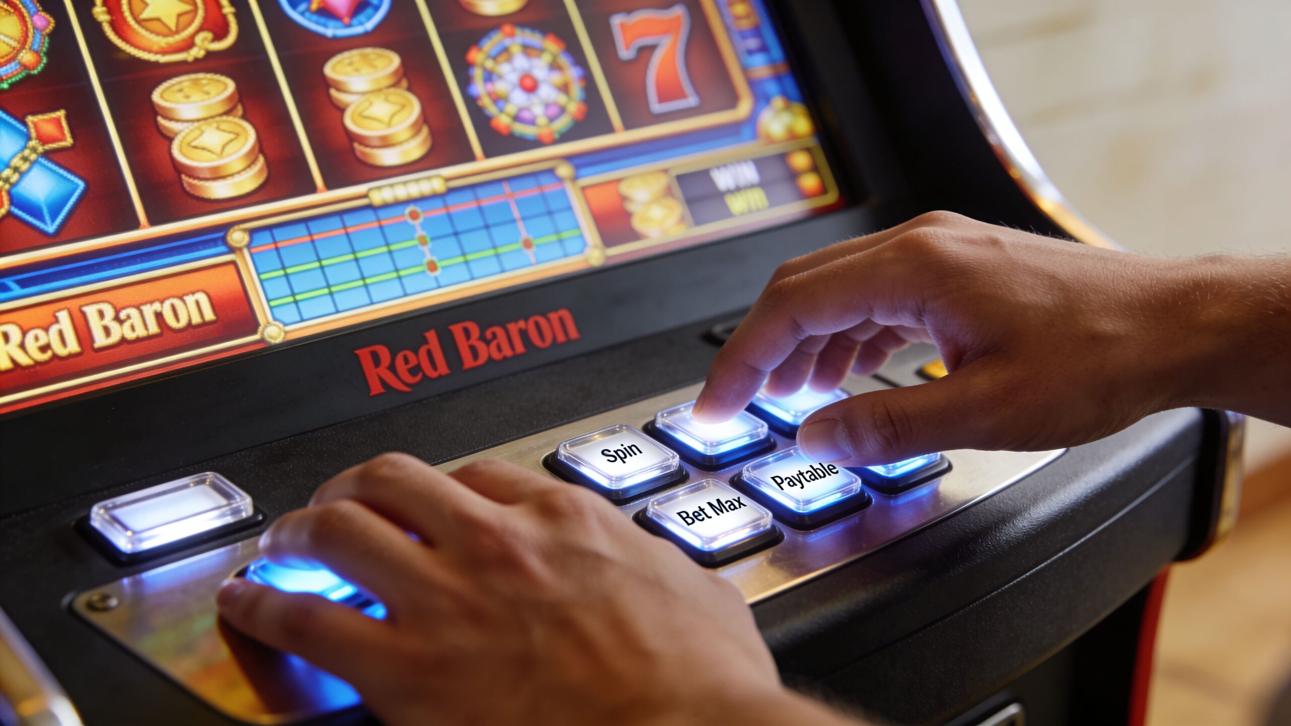 A close-up of a person's hands pressing the control buttons on a Red Baron slot machine.