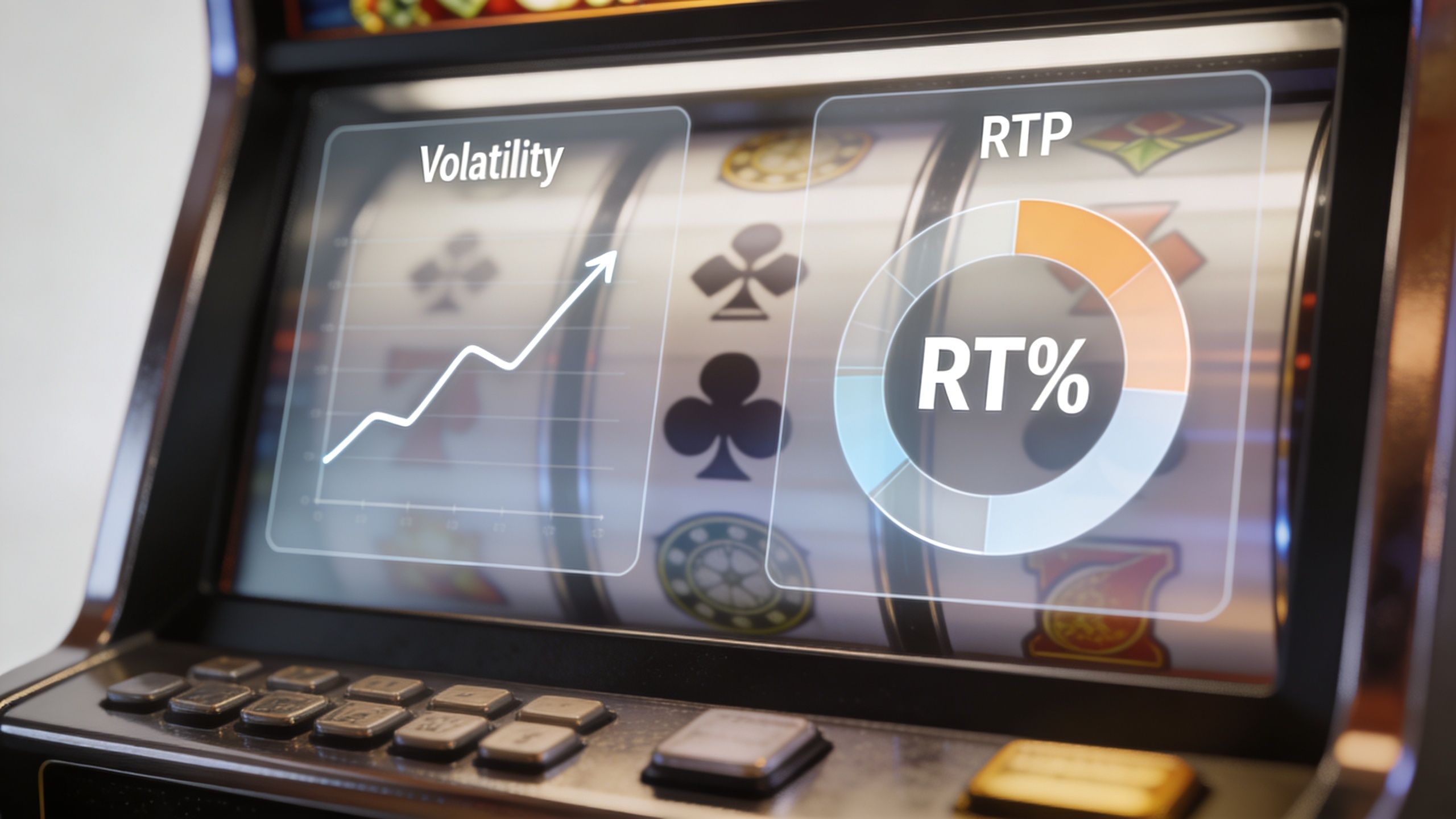 A digital screen of a slot machine displaying volatility graphs and an RTP percentage gauge overlay.