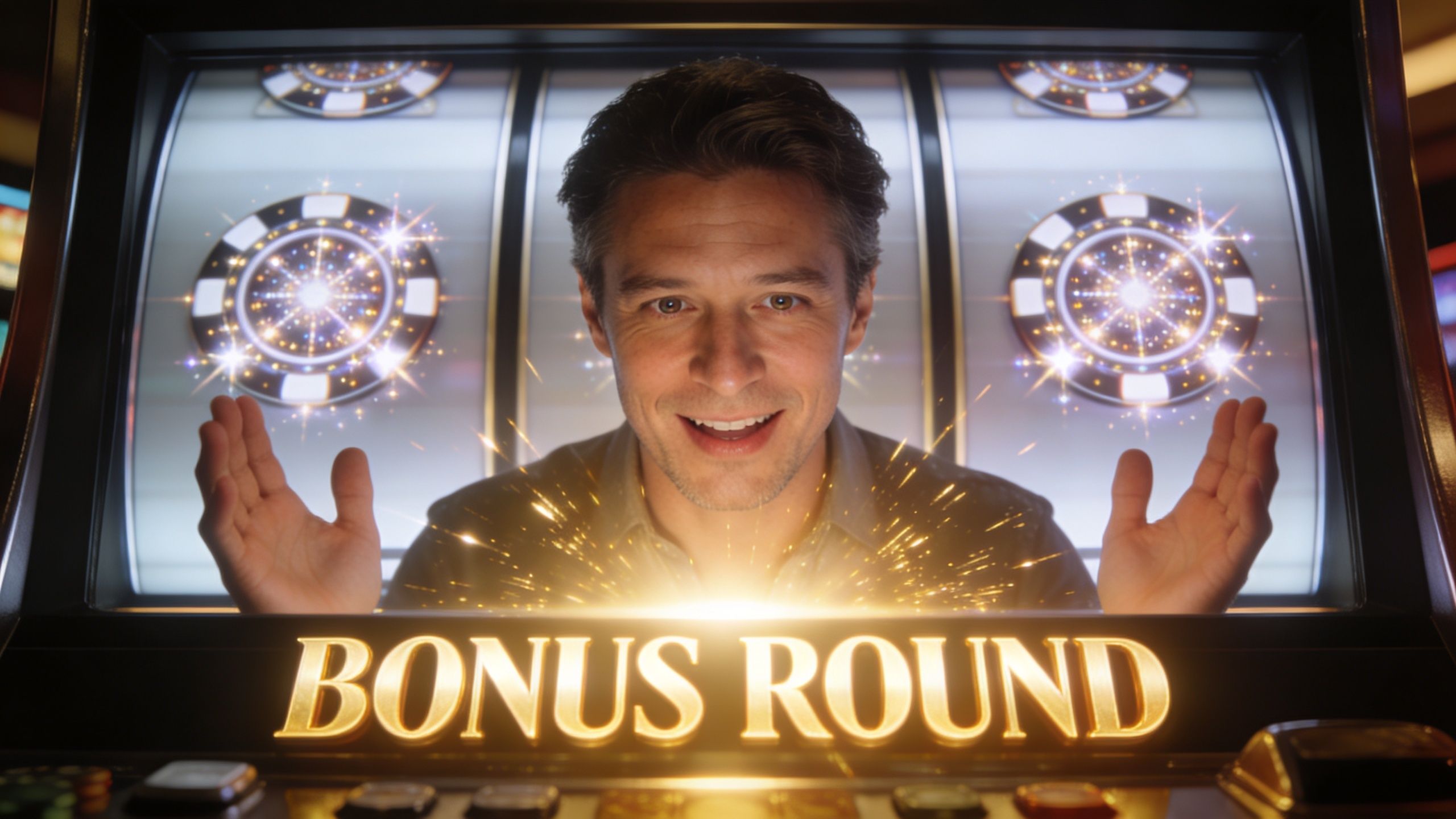 A happy man smiling in front of a digital slot machine displaying a bright bonus round sign.