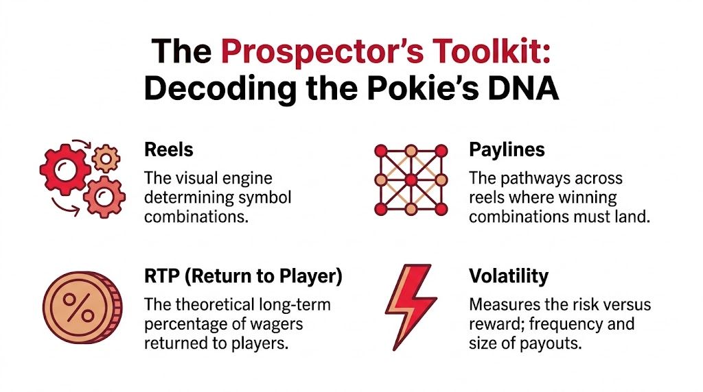 An infographic titled The Prospector’s Toolkit explaining four key components of slot machines: reels, paylines, RTP, and volatility.