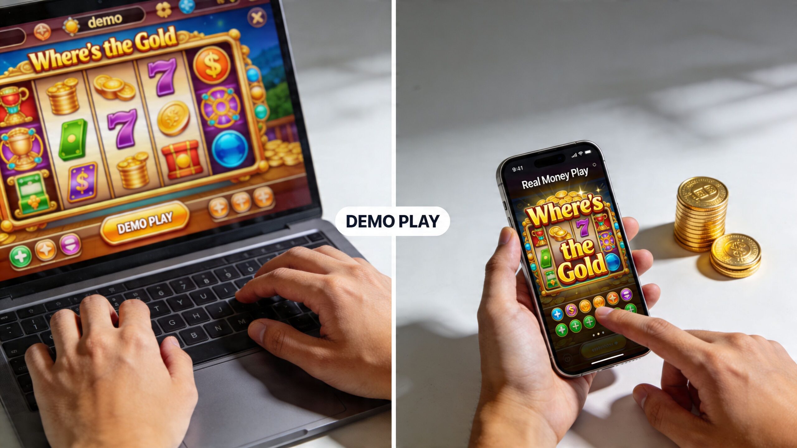 A split-screen comparison showing a person playing a Where's the Gold slot machine on a laptop and mobile phone.