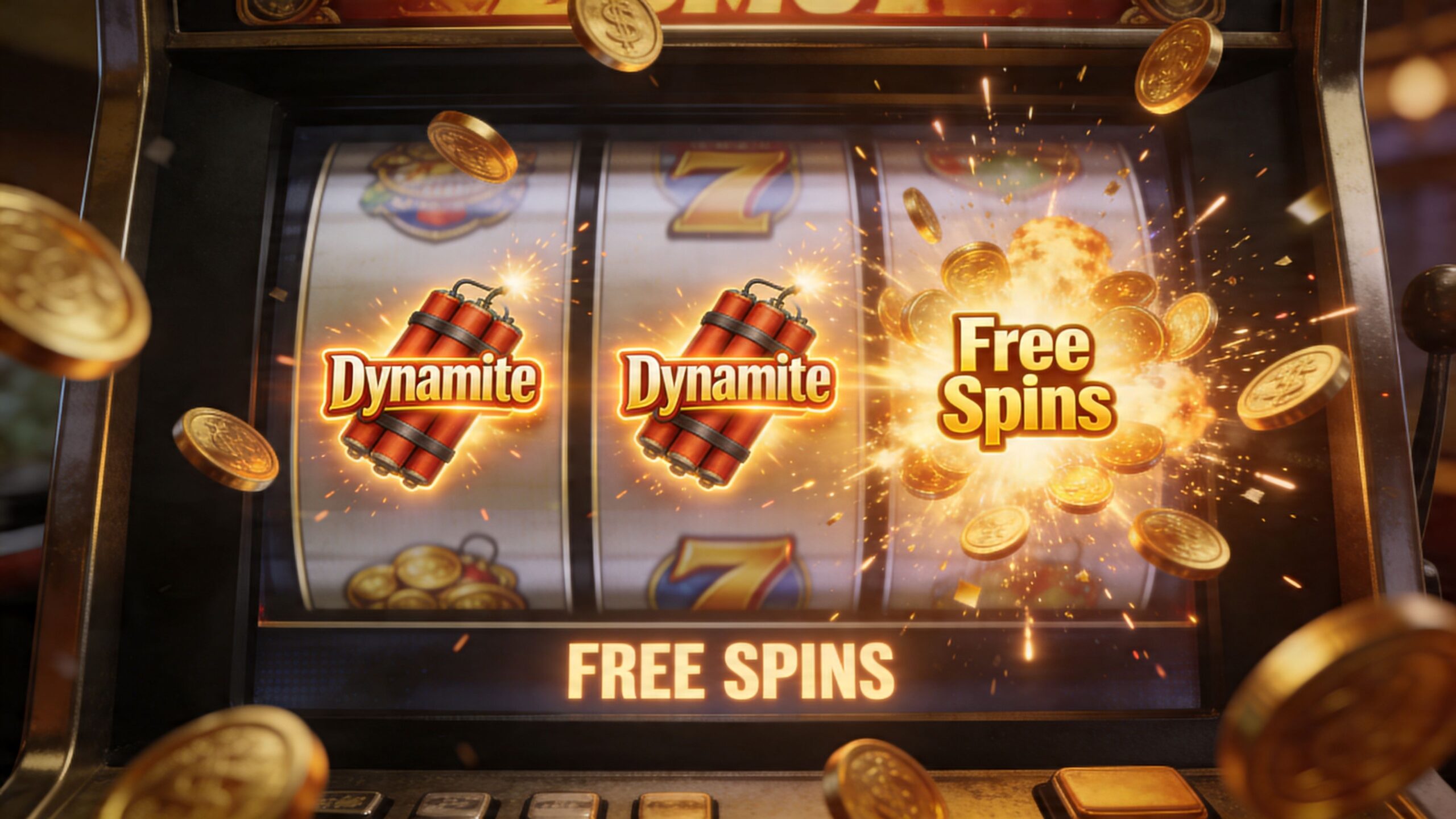 A brightly lit digital slot machine screen featuring dynamic dynamite symbols and a free spins bonus round.